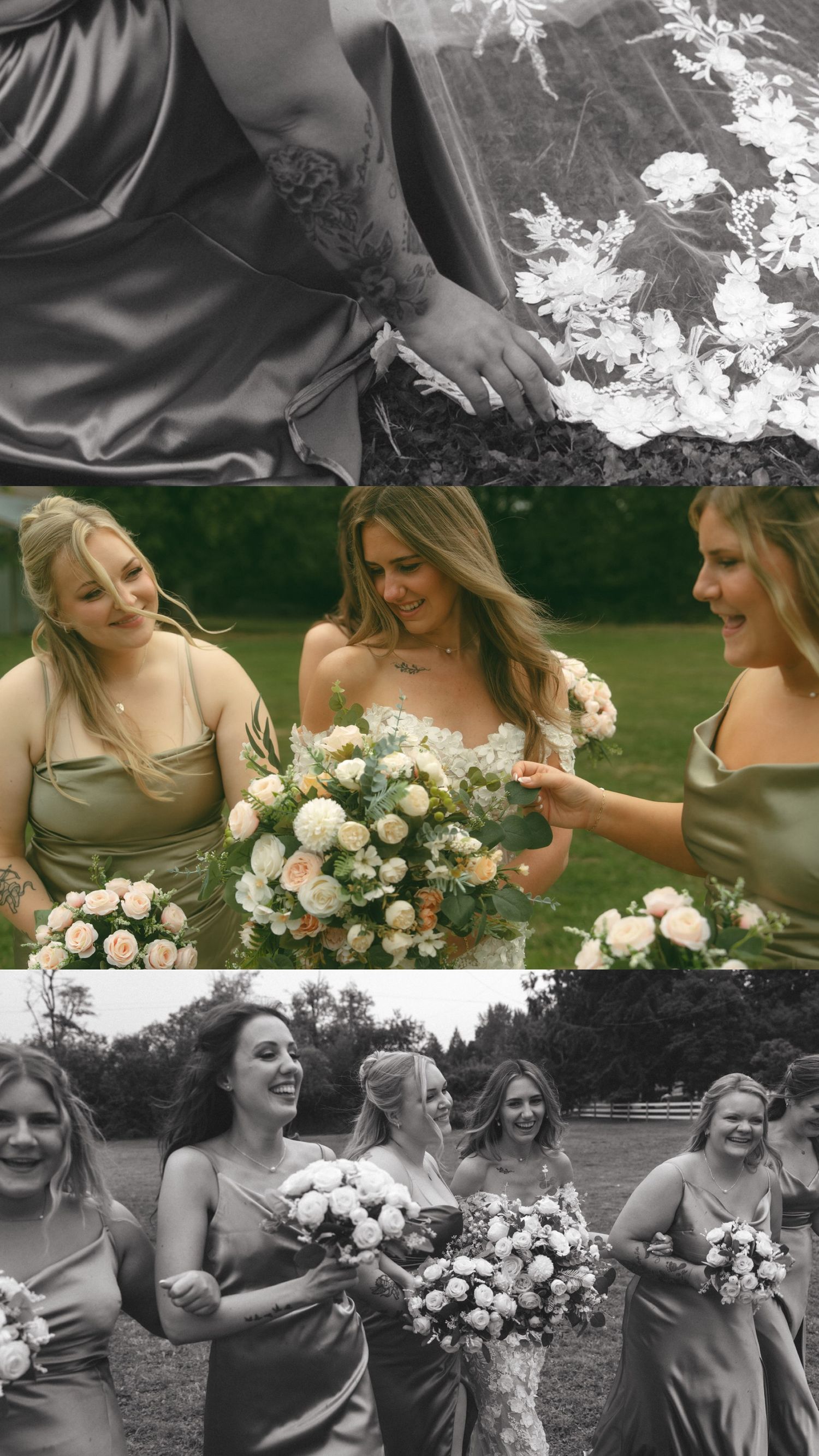 Wedding party in sage green dresses poses with white bouquets in both color and black and white shots.