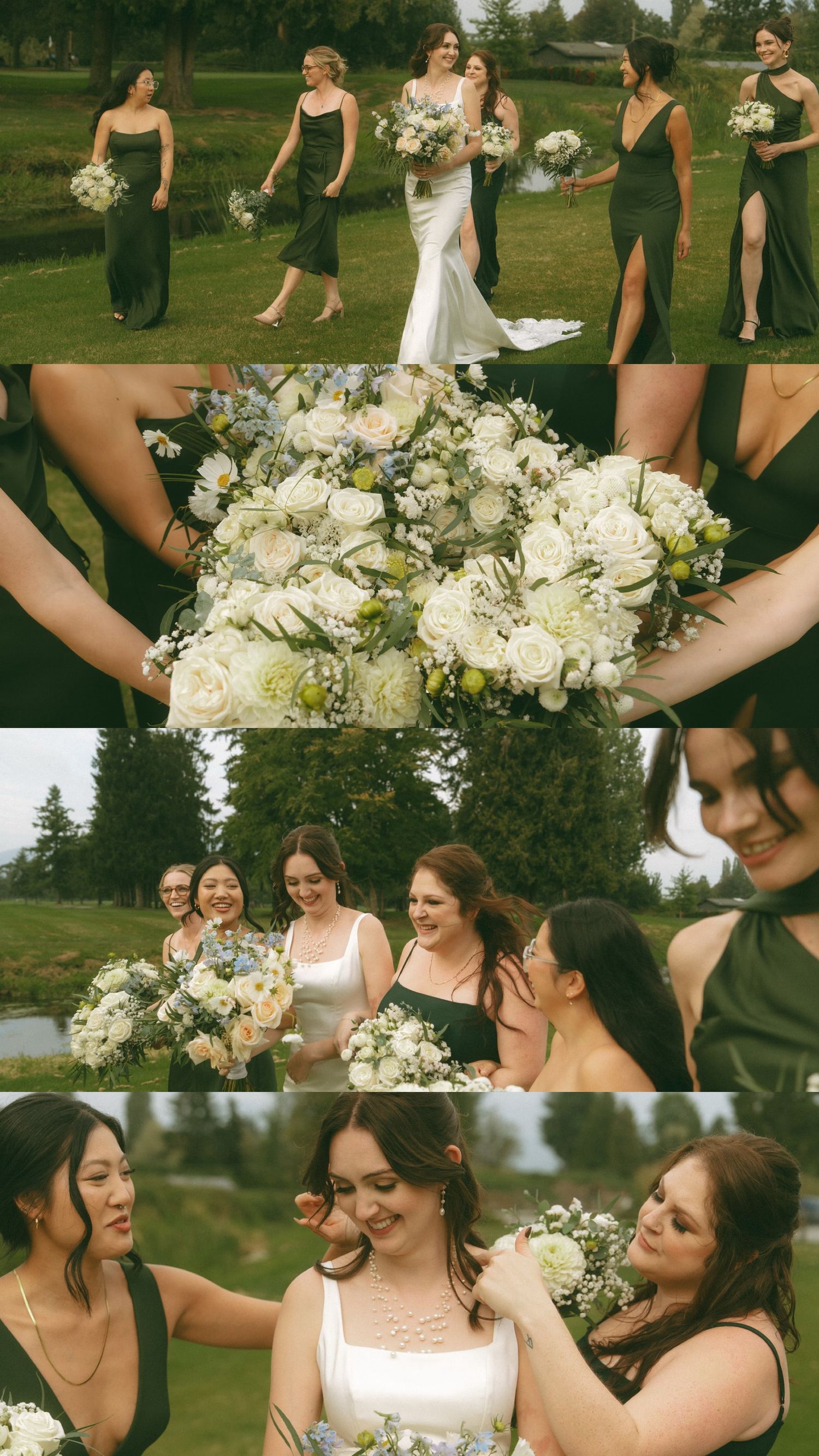 Wedding party in black dresses poses with elegant white floral bouquets in an outdoor garden setting.