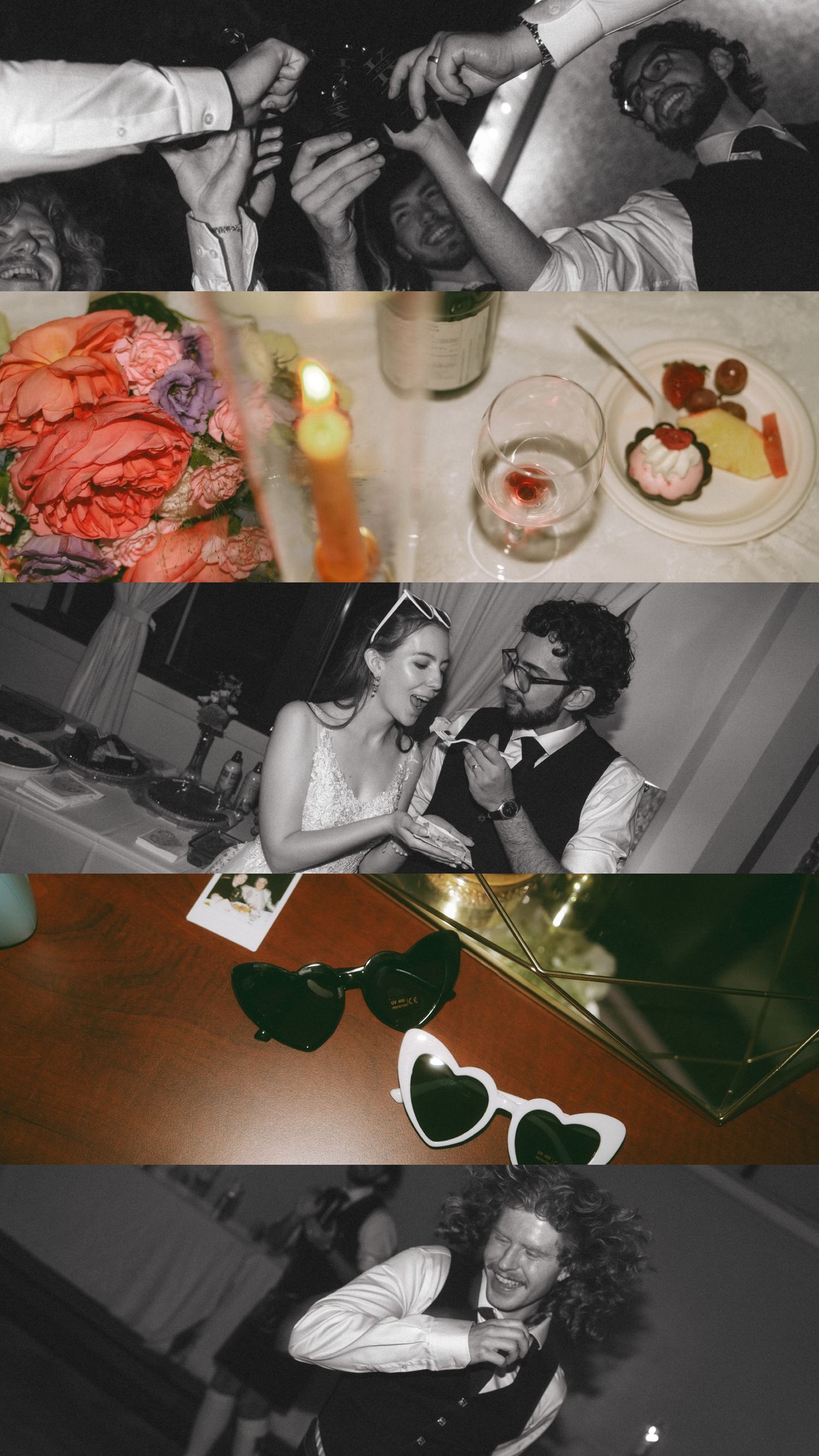 Artistic black and white reception photos with table settings and candlelit atmosphere.