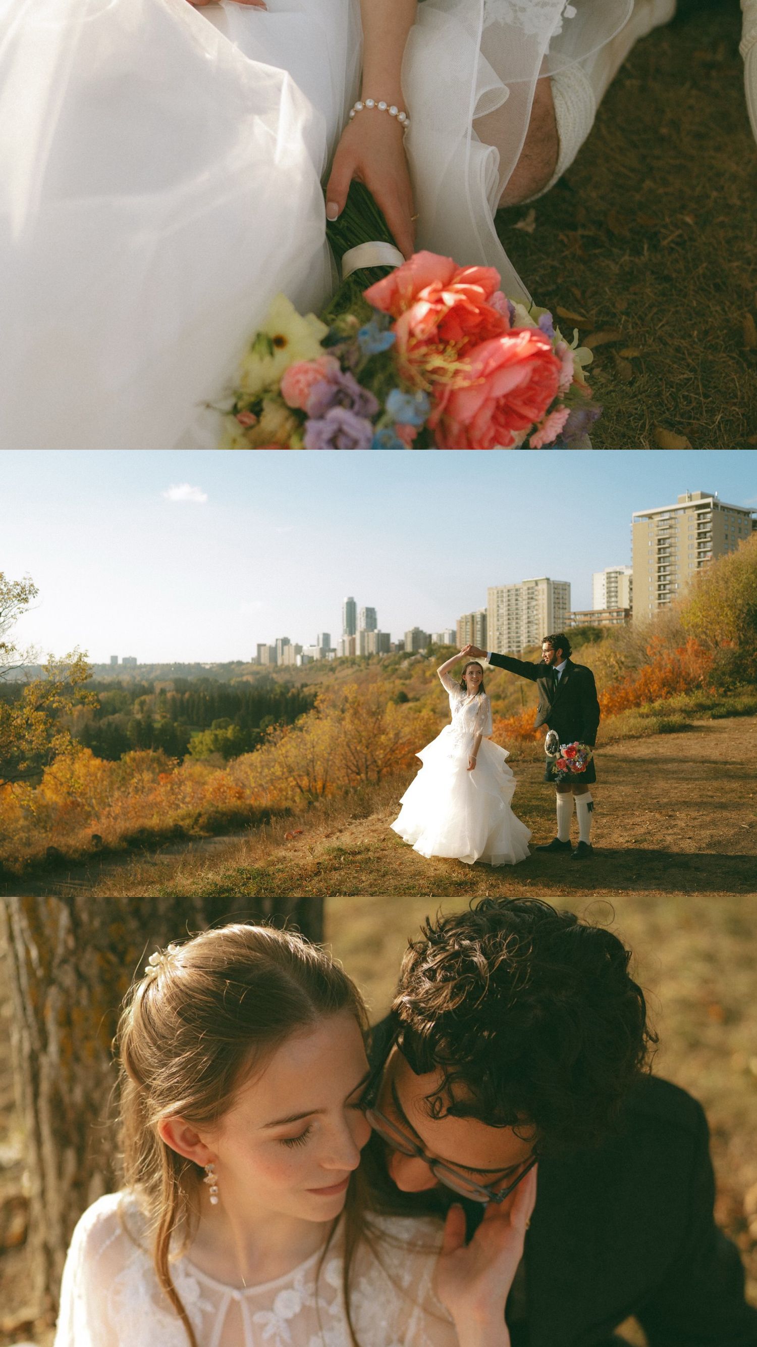 Wedding photoshoot in an urban park during fall with colorful bouquet and cityscape views.