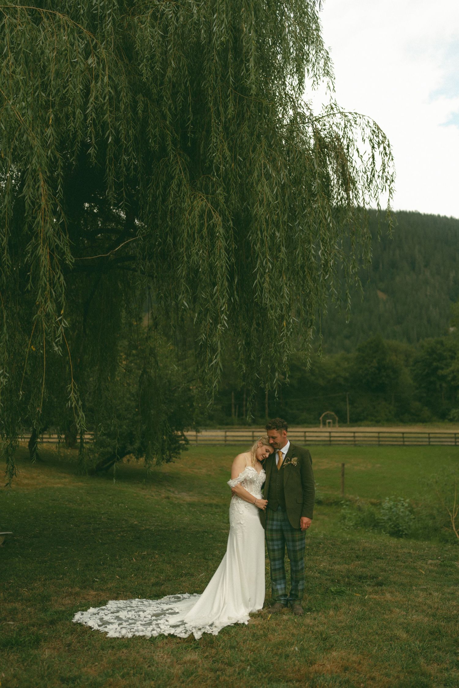 Romantic wedding portraits under a weeping willow tree with mountain landscape in background.