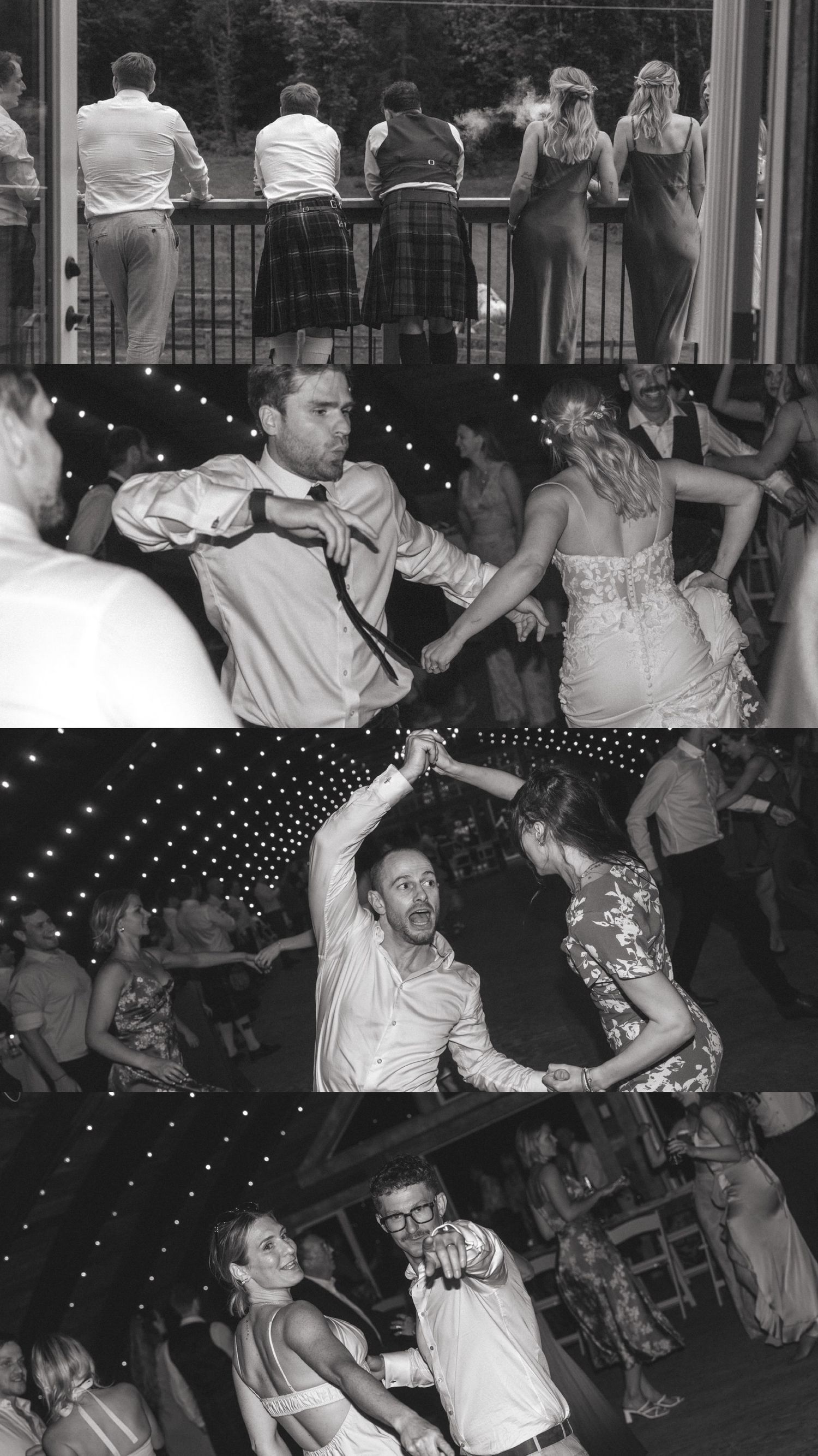 Black and white photo of wedding guests dancing energetically at reception party.