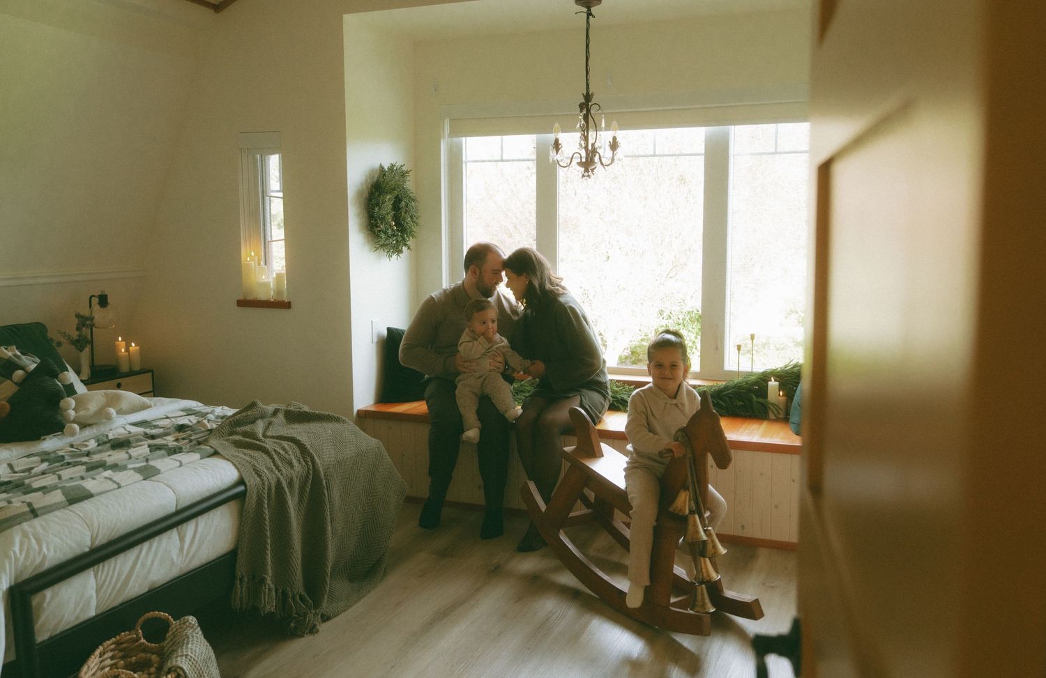 Interior panorama of a rustic room with natural light streaming through windows.