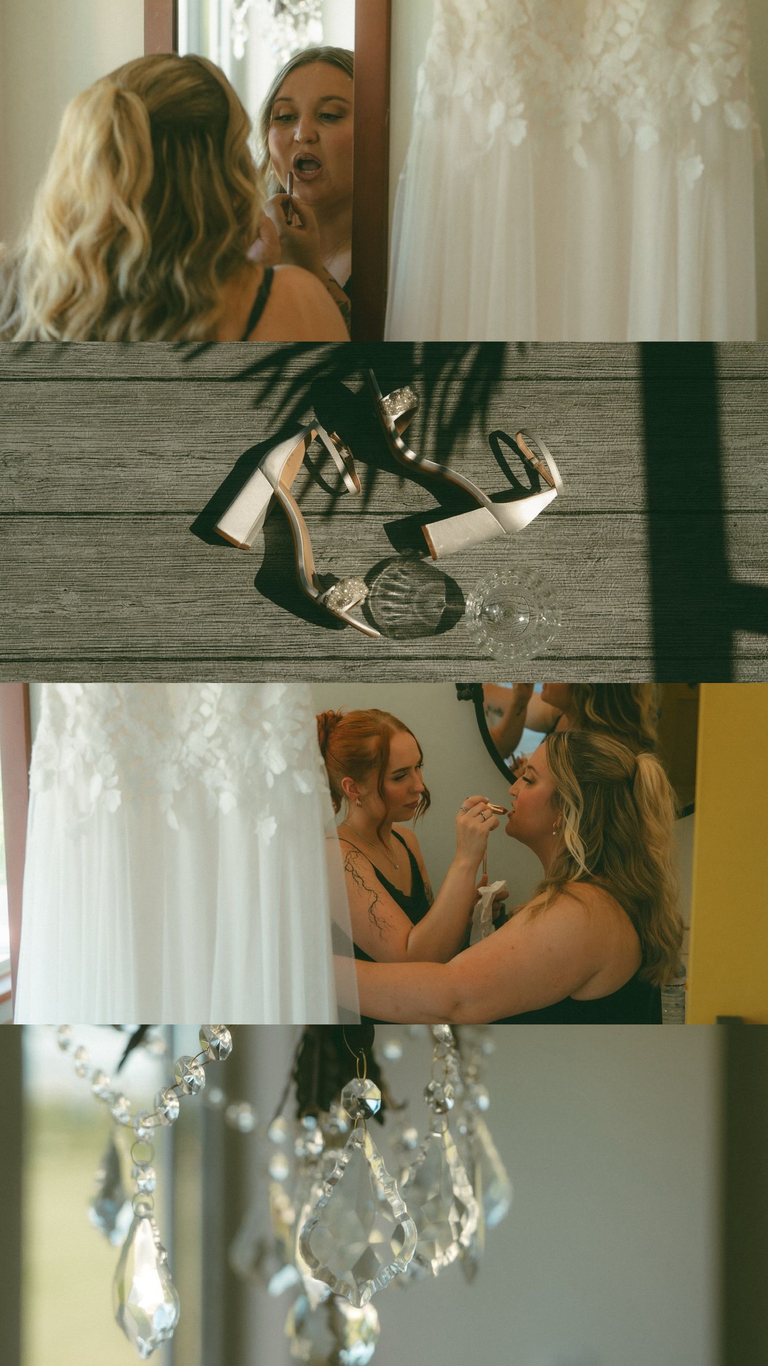 Getting ready moments captured in soft light with wedding dresses and chandelier in frame.
