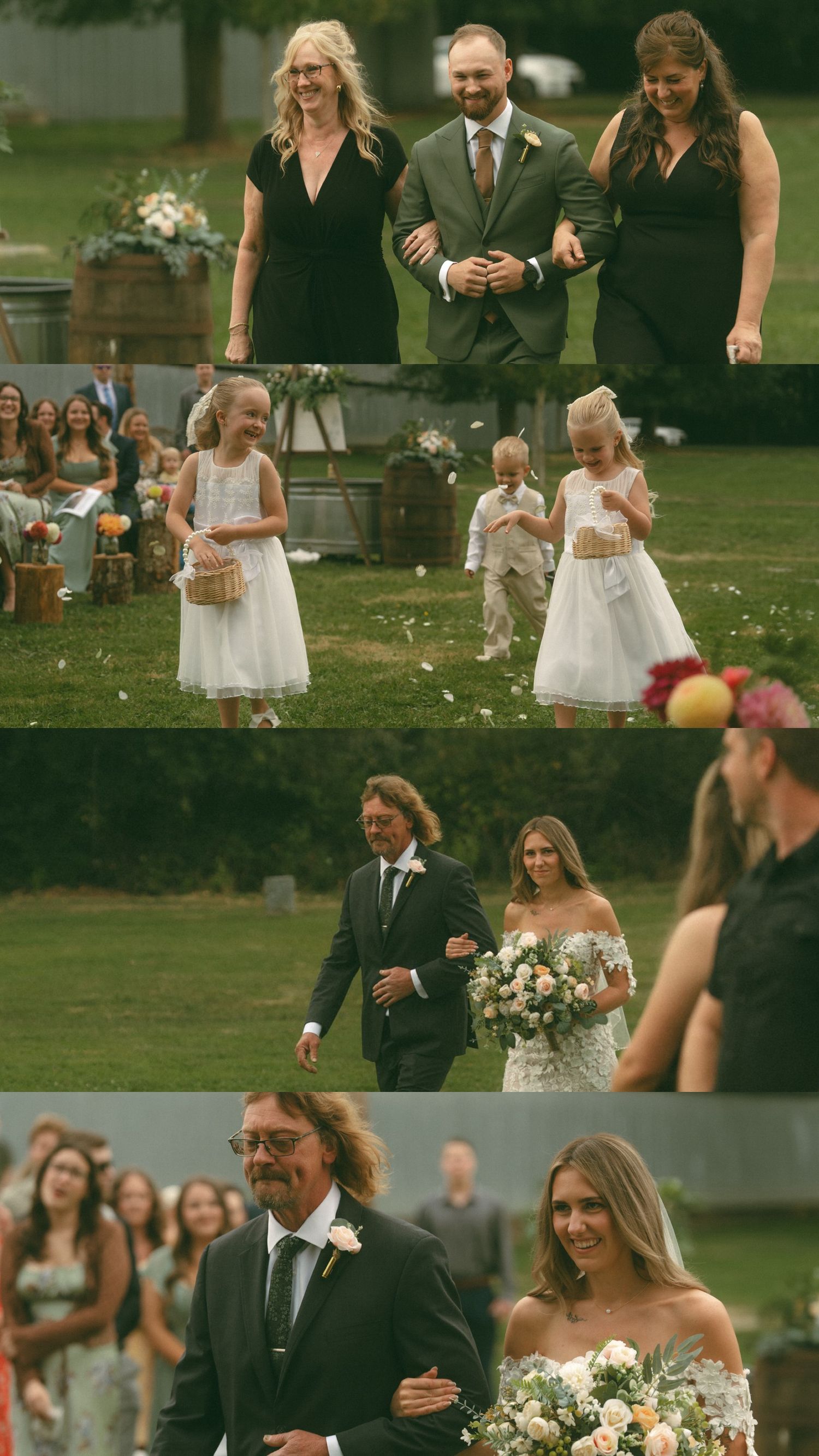 Outdoor wedding ceremony with flower girls in white dresses and guests seated on white chairs.