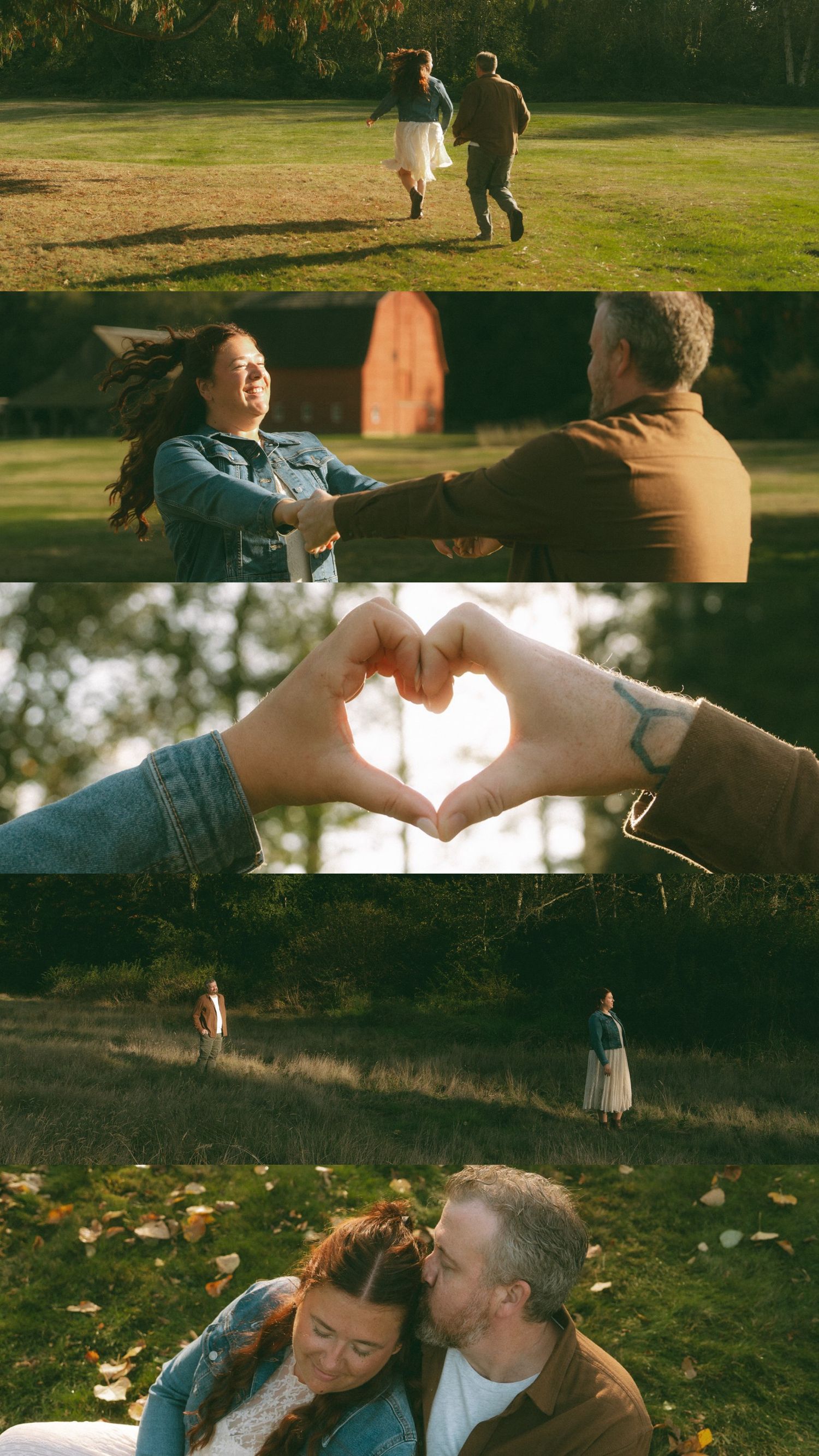 Candid moments captured at a sunset wedding celebration with guests making heart shapes with their hands.
