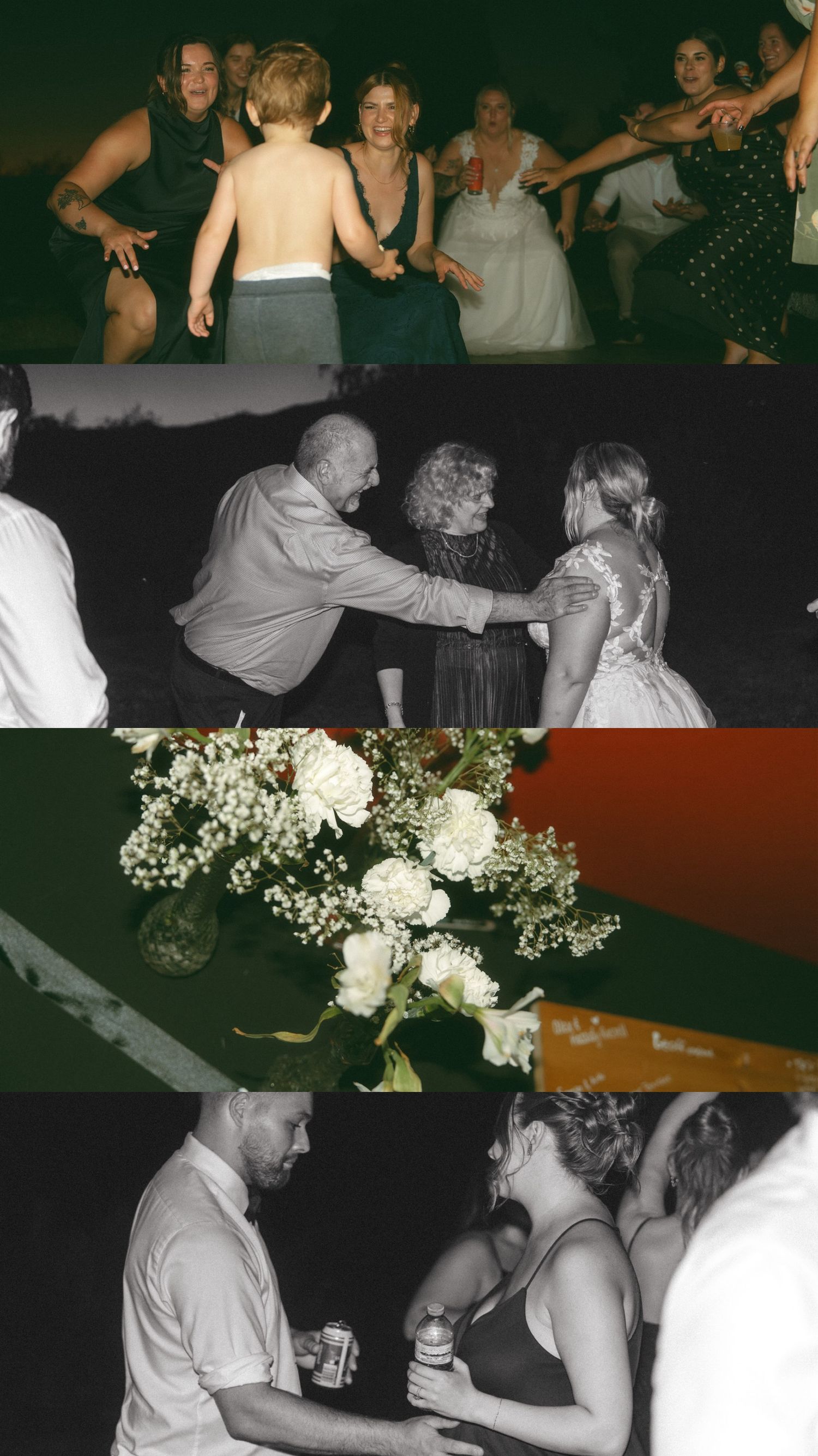 Wedding reception dance floor filled with guests celebrating at a lively party with floral decorations.