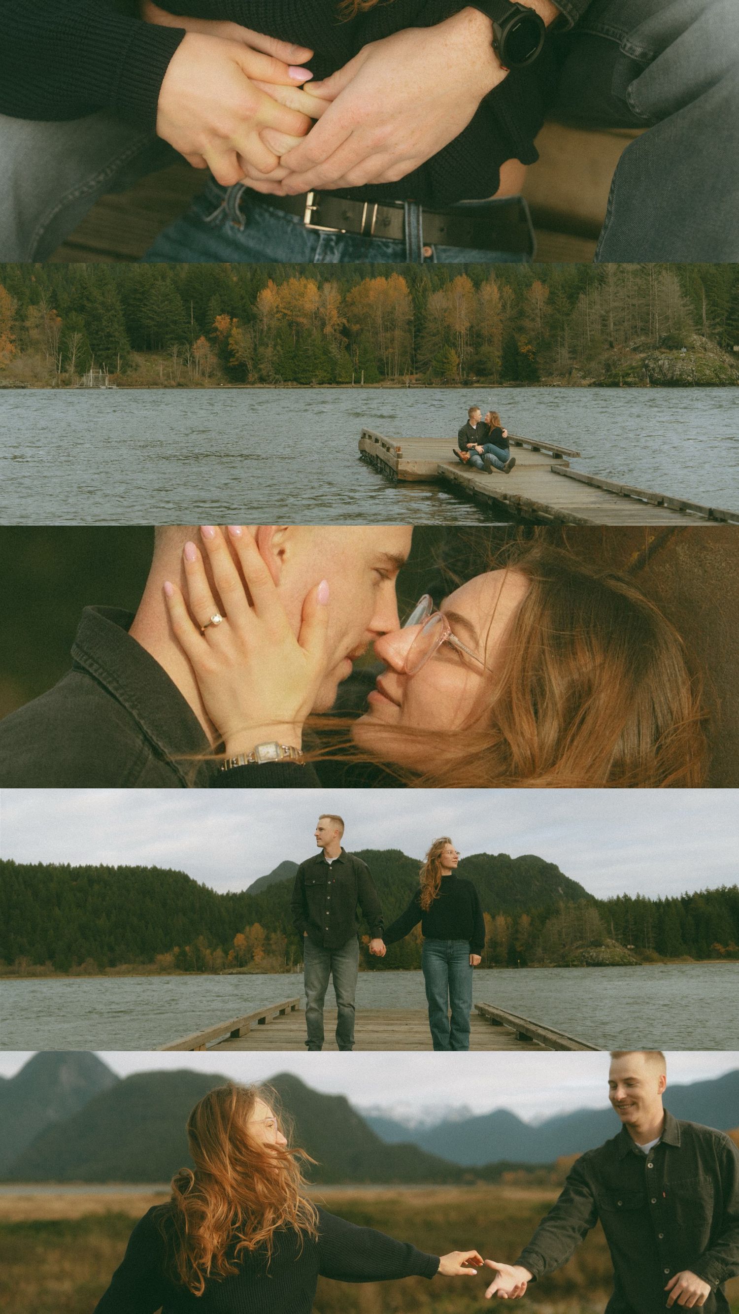 Romantic engagement photos taken at a scenic lakeside location during golden hour.