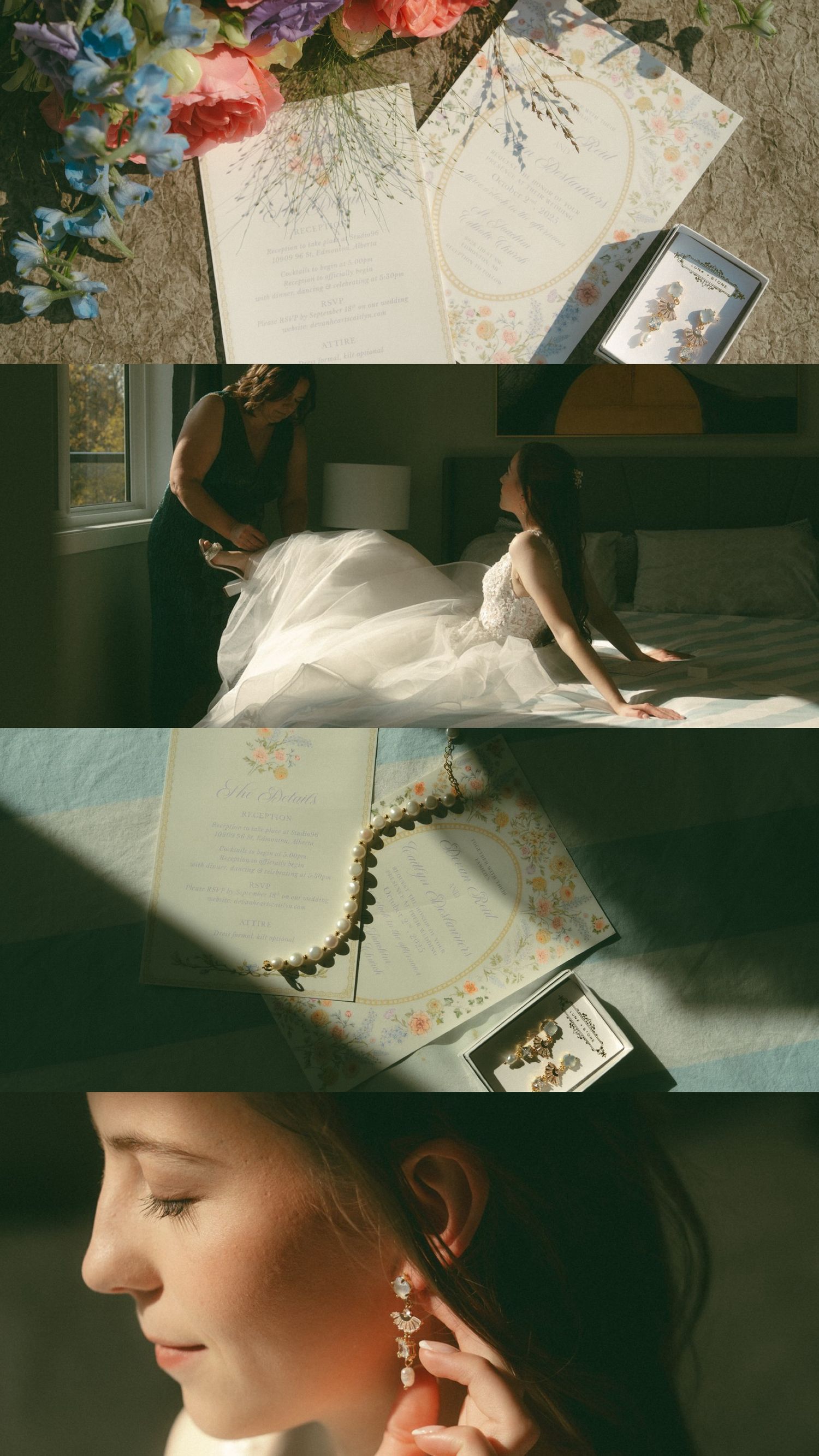 Sunlit wedding details featuring a guest book and floral decorations on a vintage table.