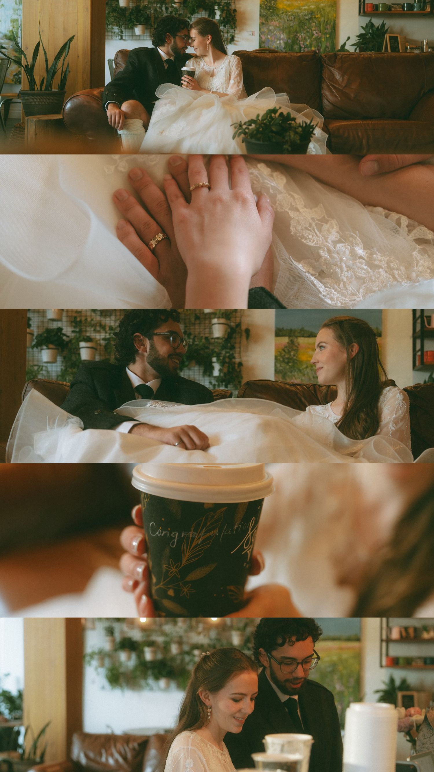 Intimate indoor wedding moments captured in warm natural lighting.