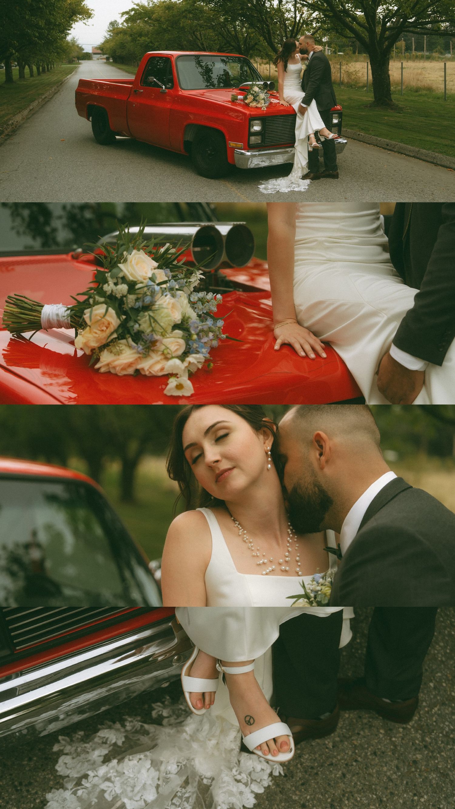 Wedding couple poses with vintage red car surrounded by trees and natural scenery.