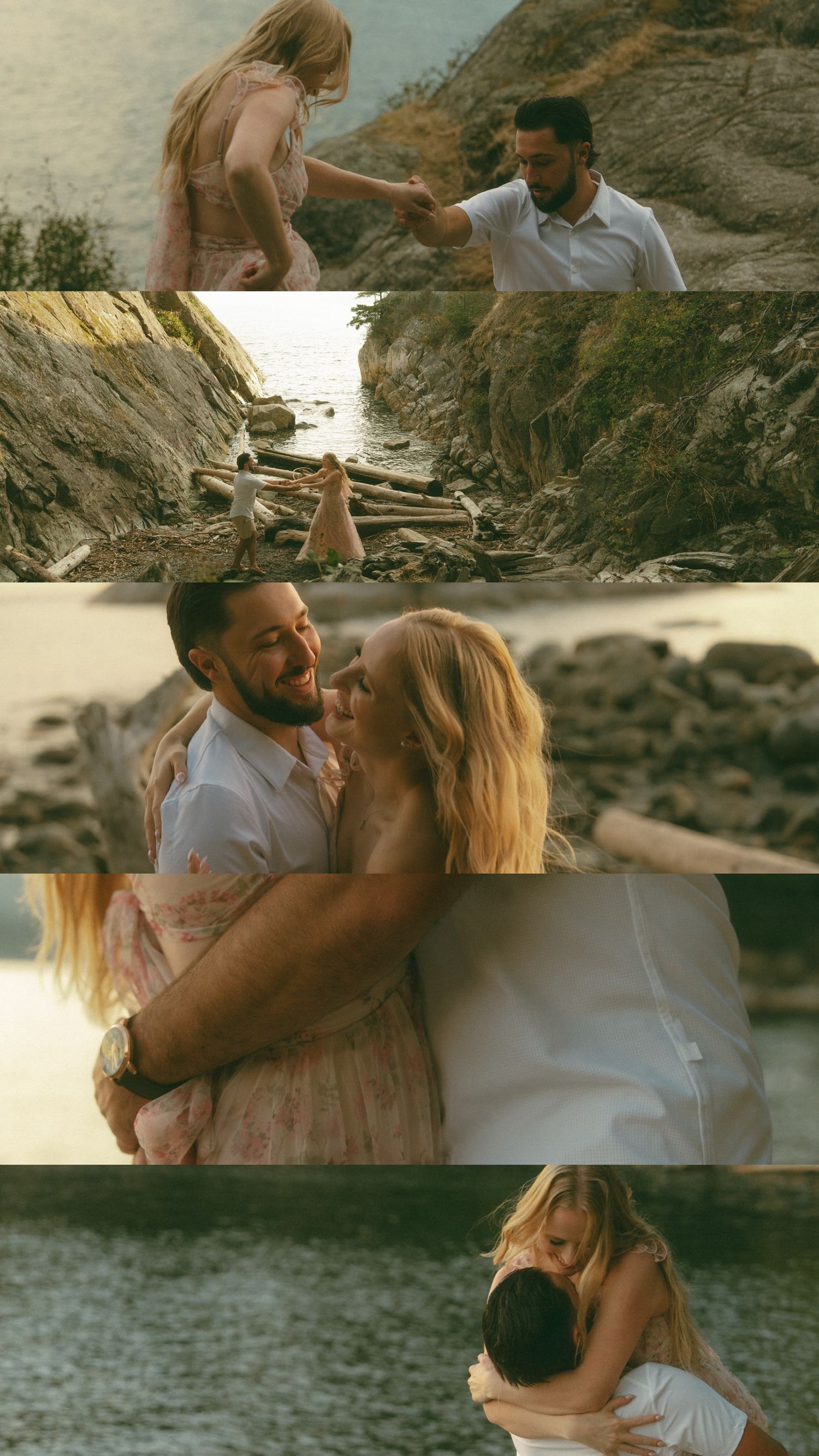 Romantic coastal engagement photos at sunset with rocky cliffs and ocean in the background.