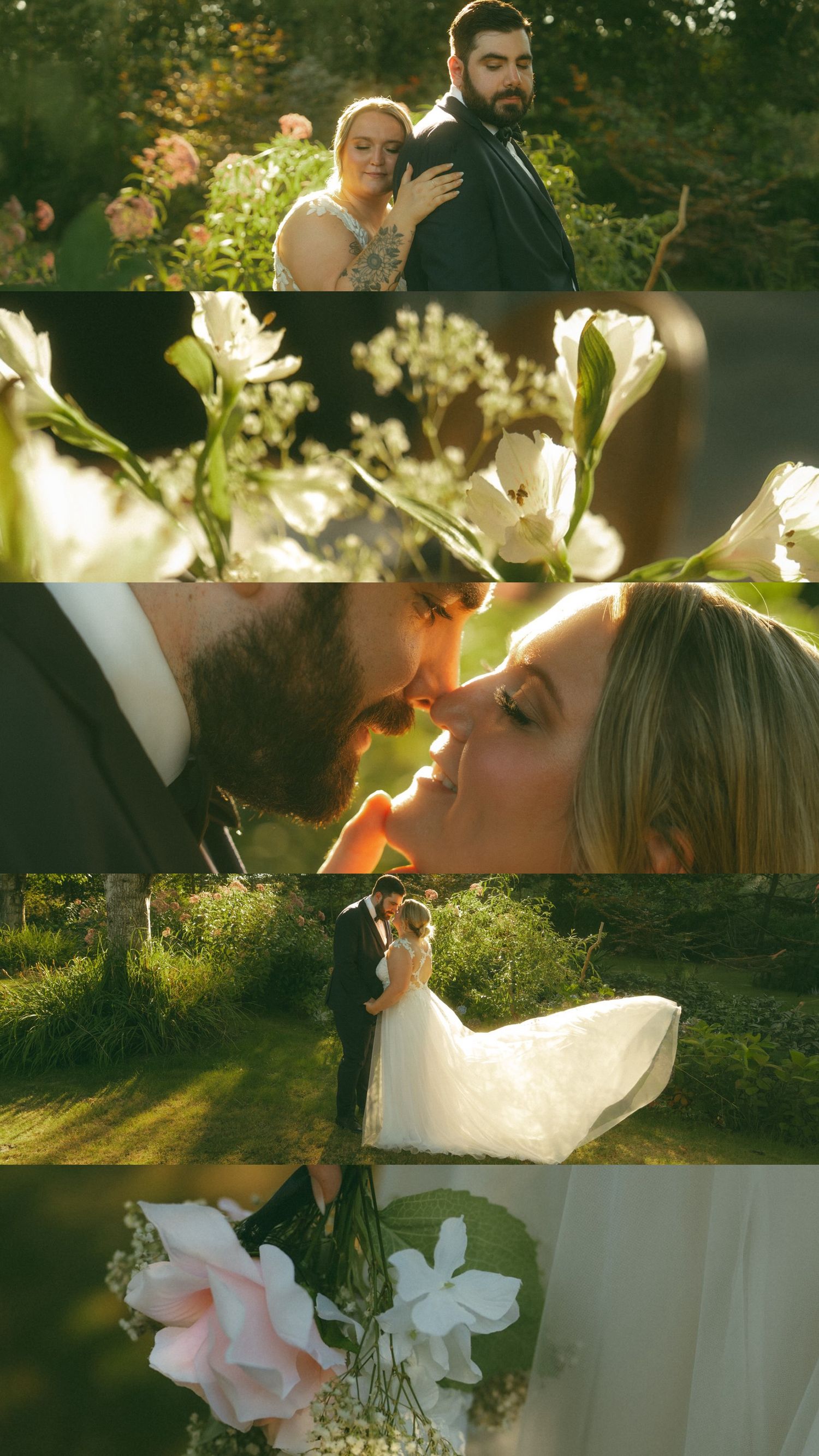 Romantic sunset wedding portraits with soft golden light filtering through flowers.