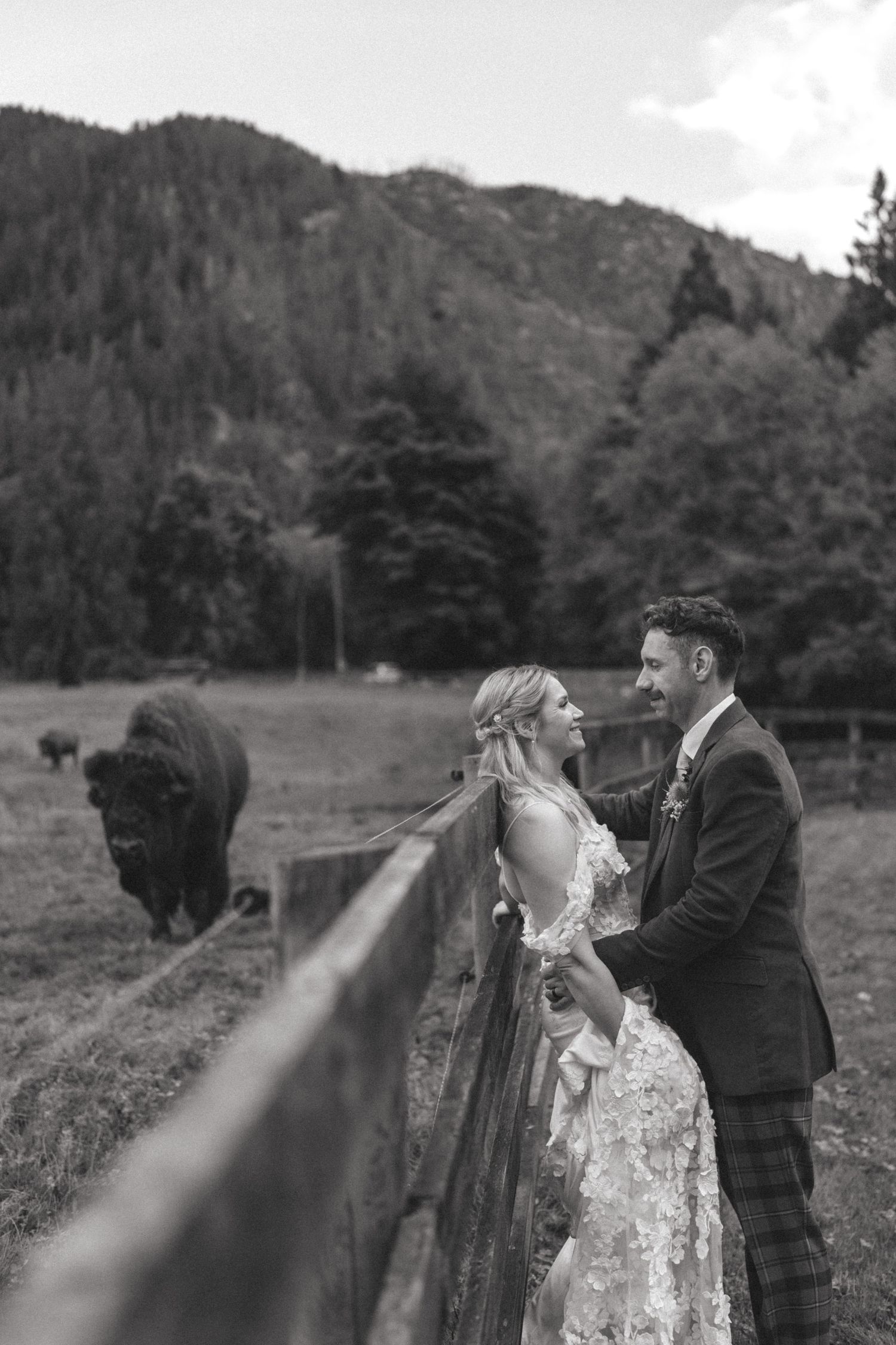 A romantic wedding photoshoot in front of a mountainous landscape with evergreen trees.