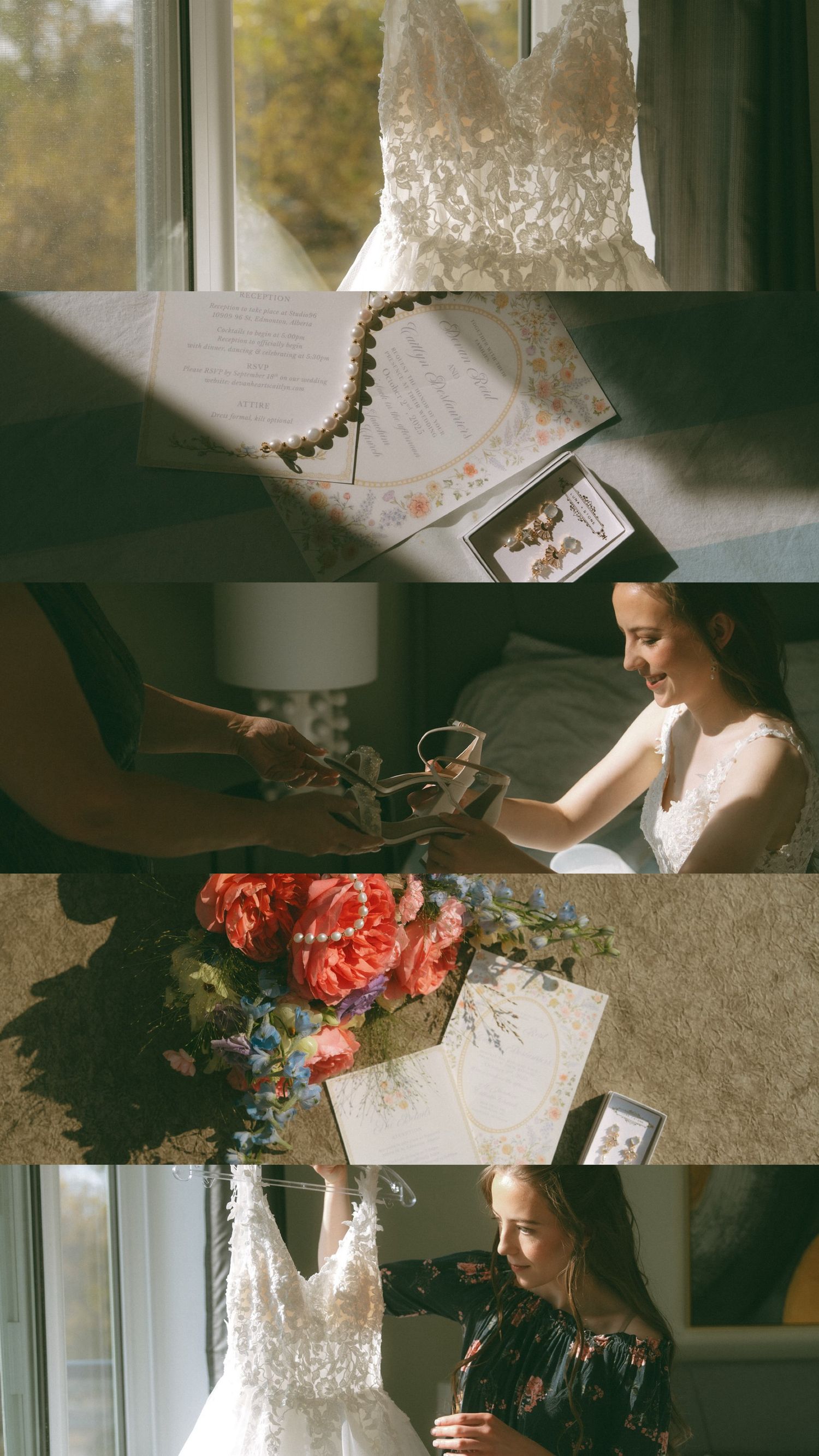 Wedding dress preparation scene with floral details and natural window lighting.
