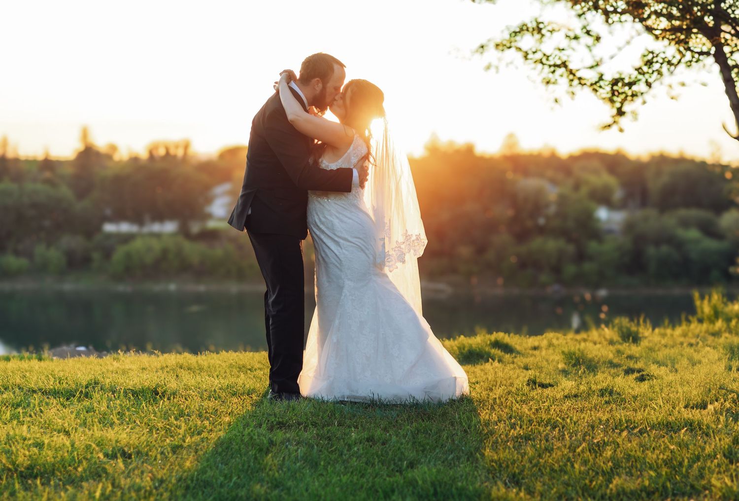 Romantic sunset wedding photos captured in a golden field.