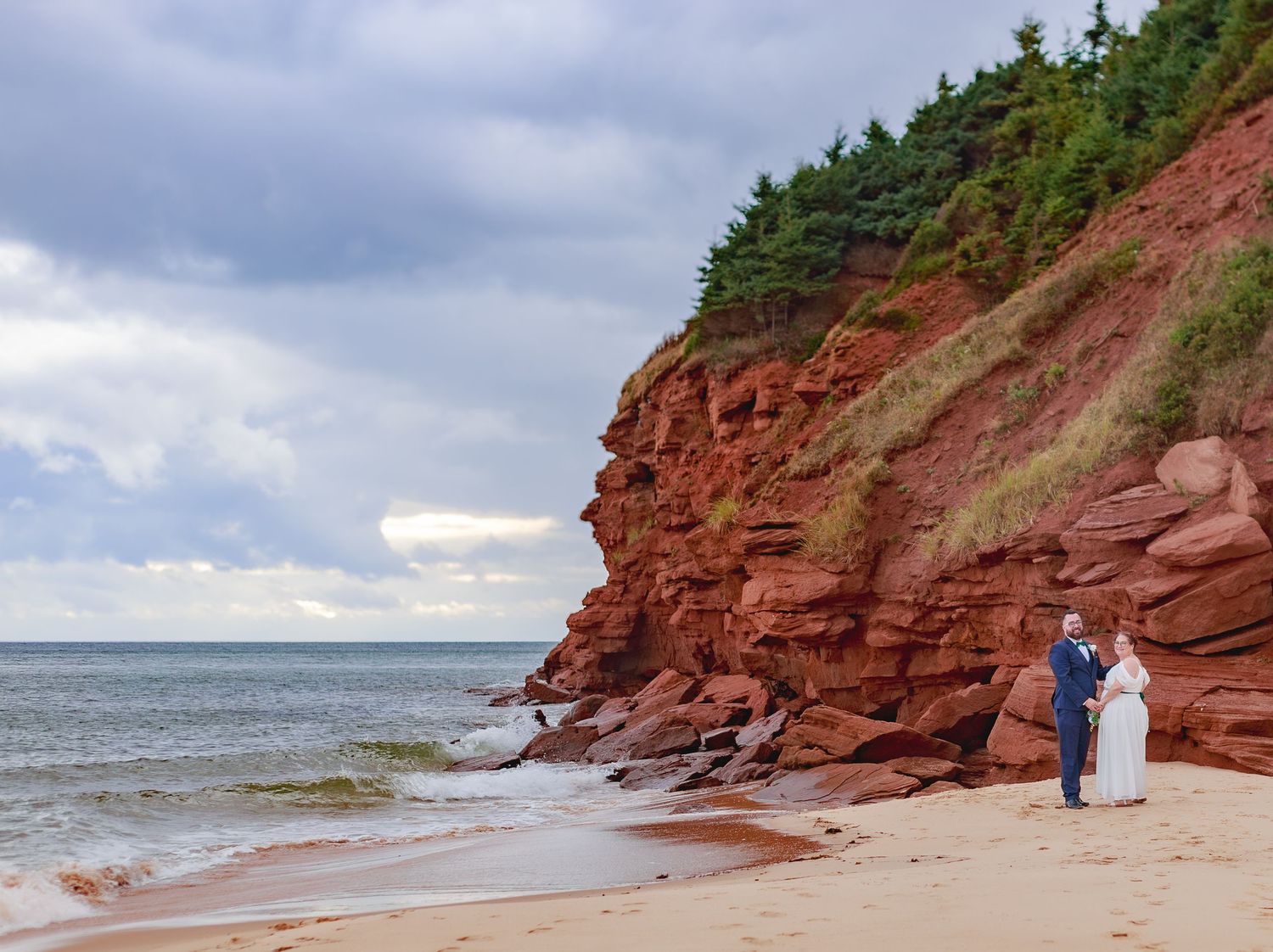Panoramic view of red cliffs meeting the ocean on a cloudy day.