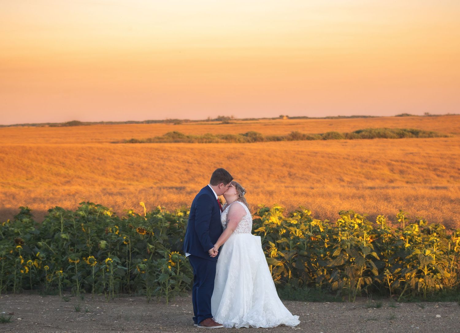 A sunset wedding portrait in a golden field of sunflowers stretching to the horizon.