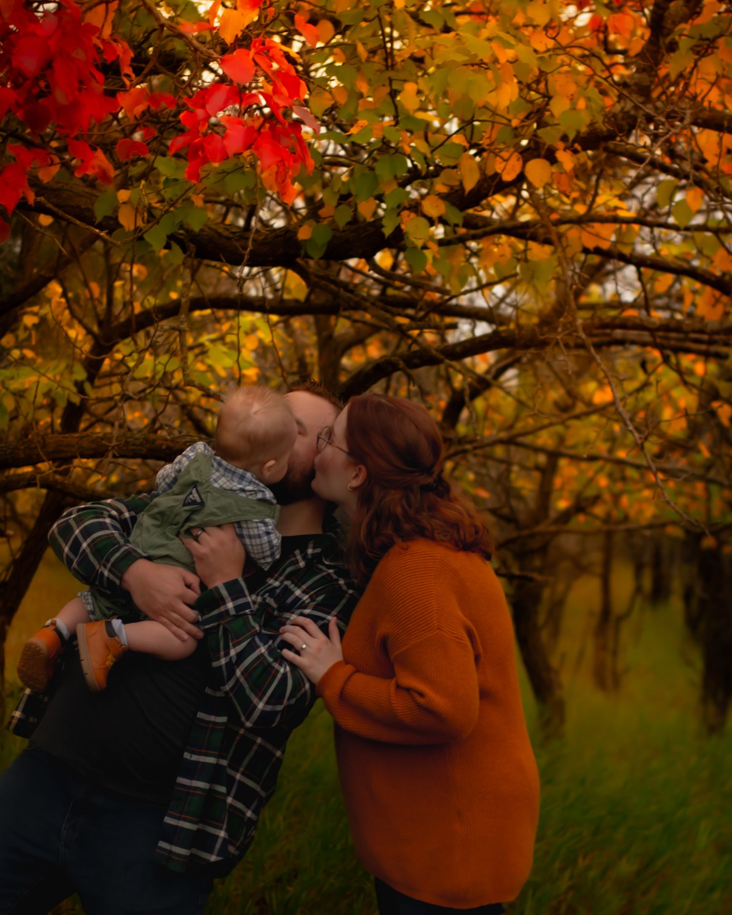 A tender family moment captured beneath vibrant autumn foliage.
