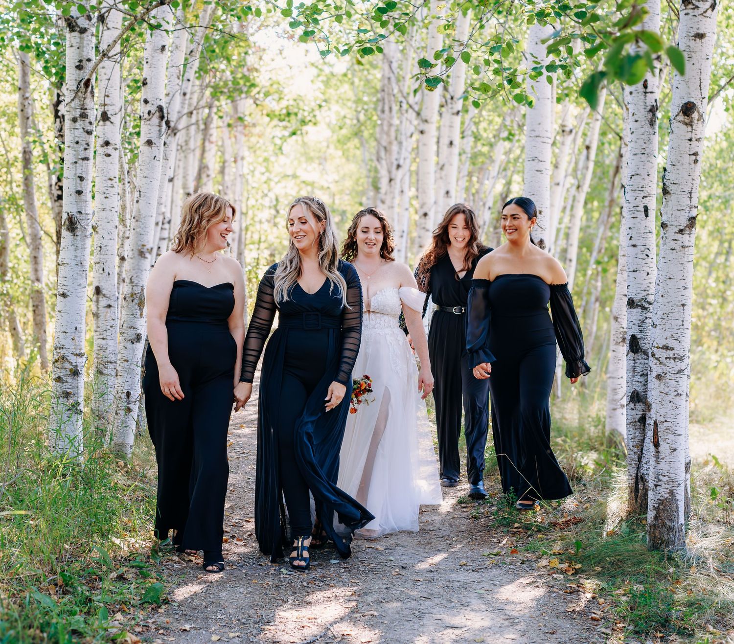 Wedding party walking through a serene birch tree grove.