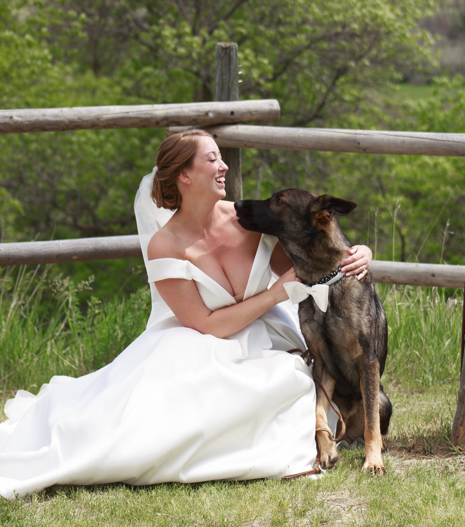 Bride in white wedding dress shares playful moments with a German Shepherd dog on grassy hill.