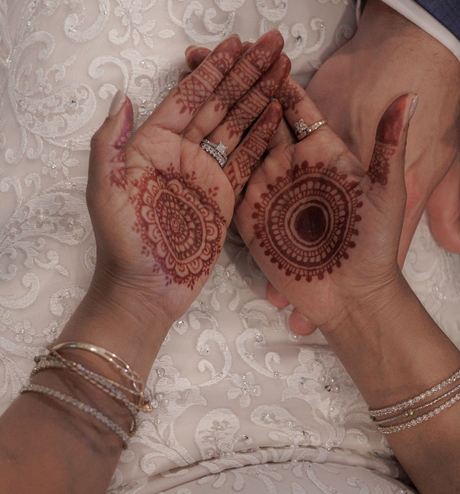 Close-up of intricate henna designs on hands against white lace background.