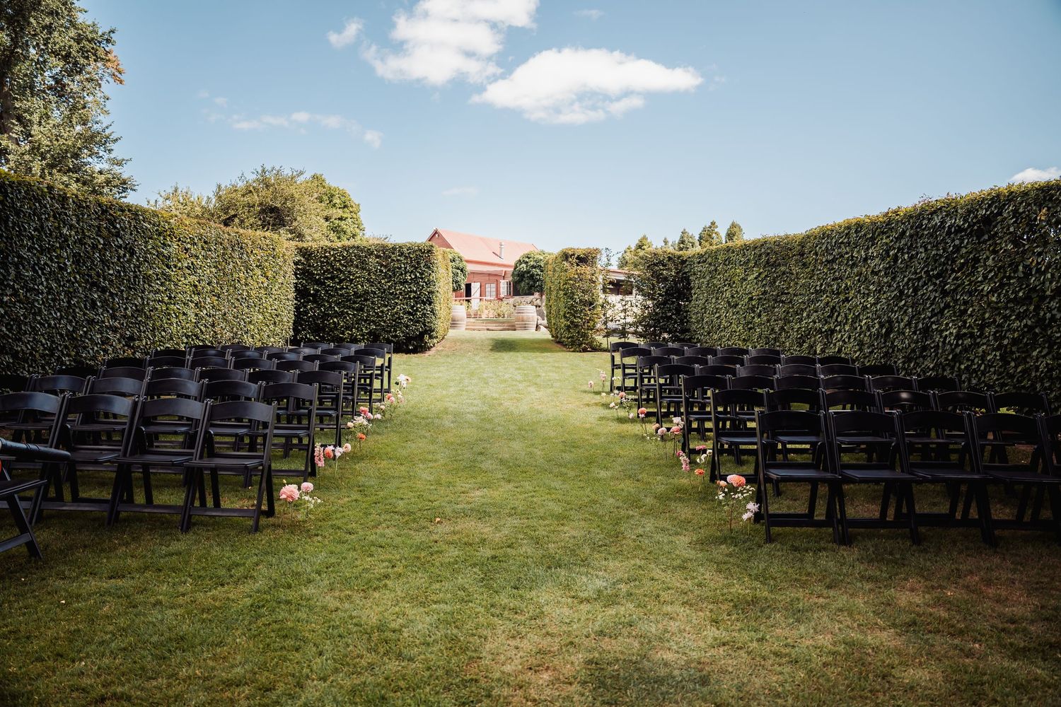 Outdoor wedding ceremony venue with black chairs on green lawn flanked by tall hedges.