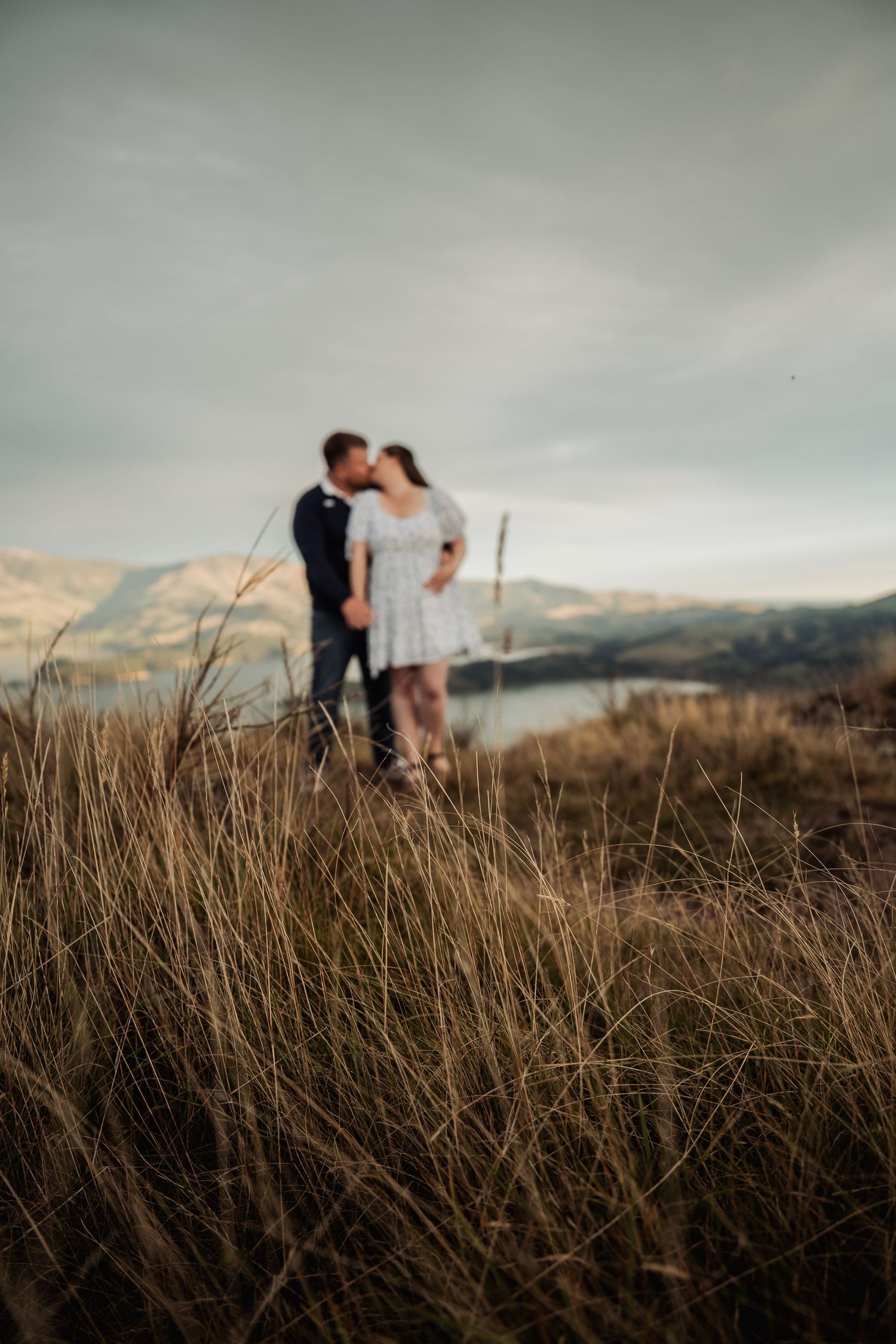 Couple kissing in blurred background among tall golden grass with scenic lake and mountains behind.