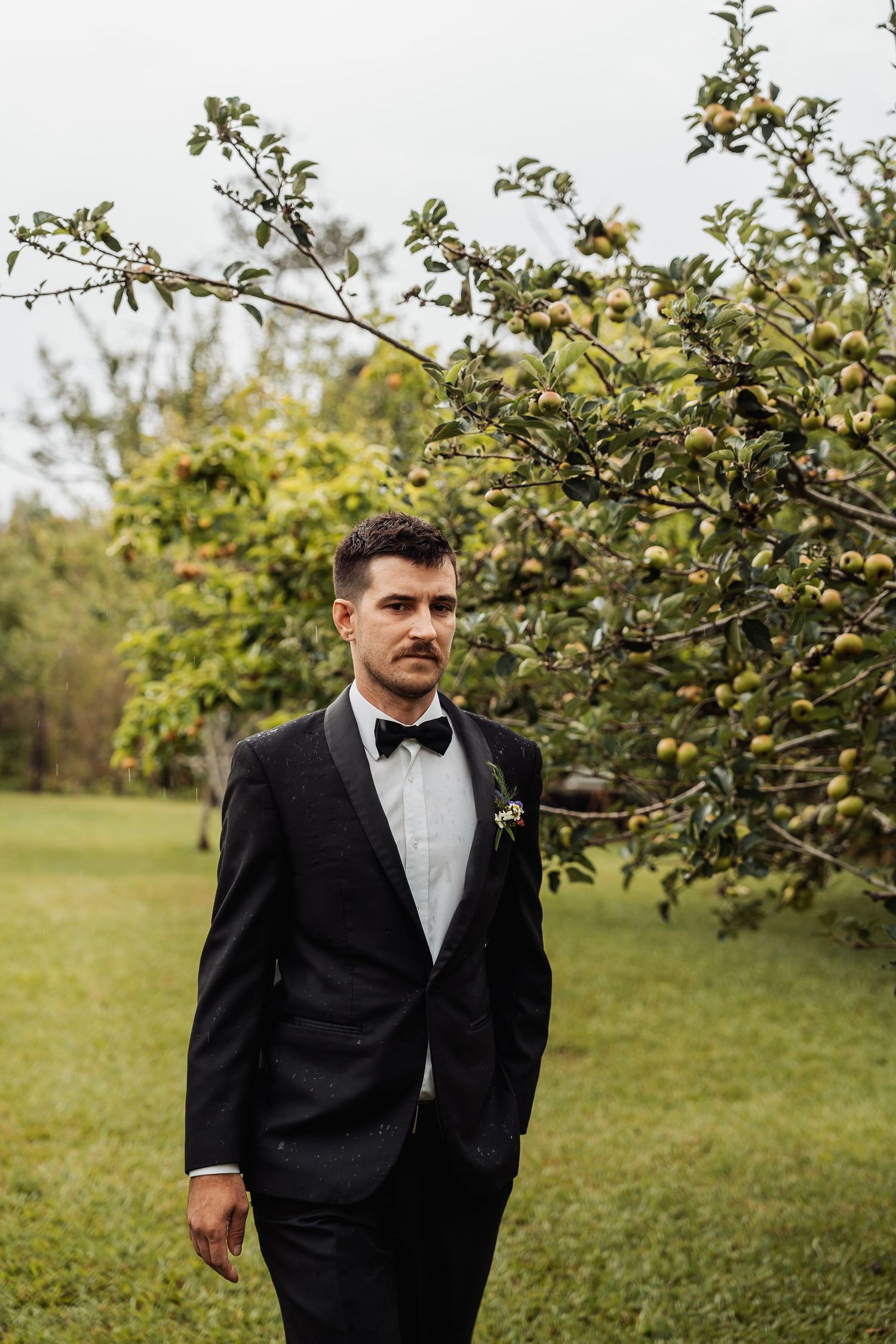 Dapper groom in black tuxedo with bow tie and boutonniere posing near fruit tree outdoors.