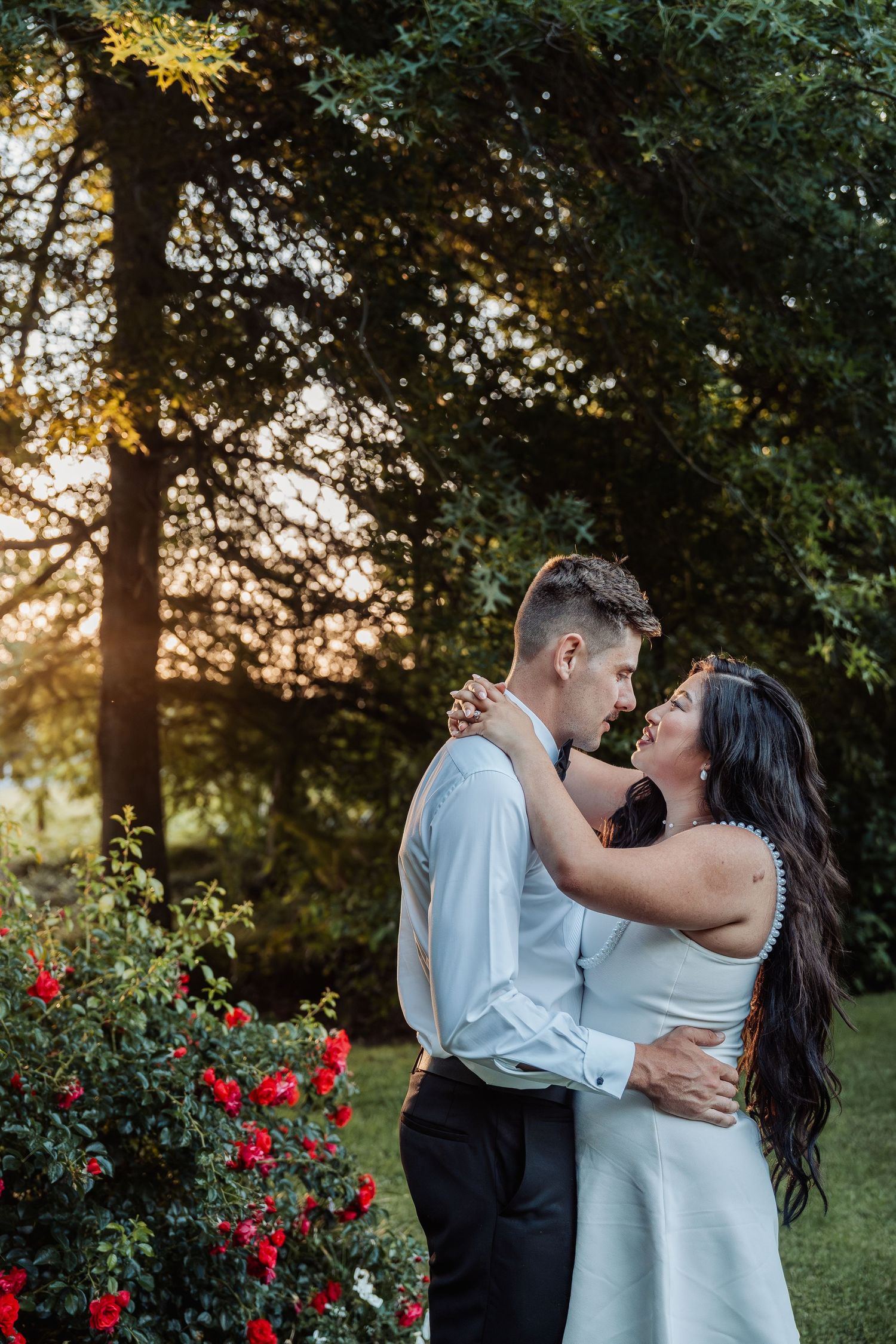 Romantic couple embracing near red roses at golden sunset in lush garden setting.
