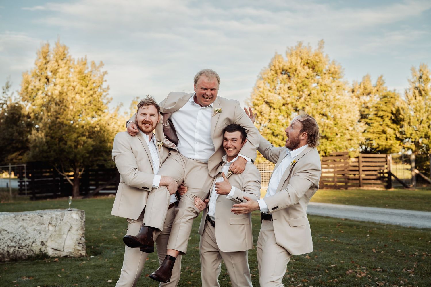 Groomsmen in tan suits lift groom in white shirt for fun outdoor wedding party photo.