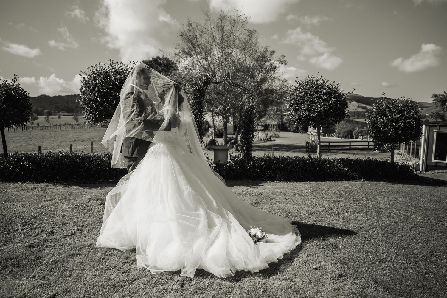 Black and white photo of bride and groom kissing under flowing veil in outdoor garden setting.