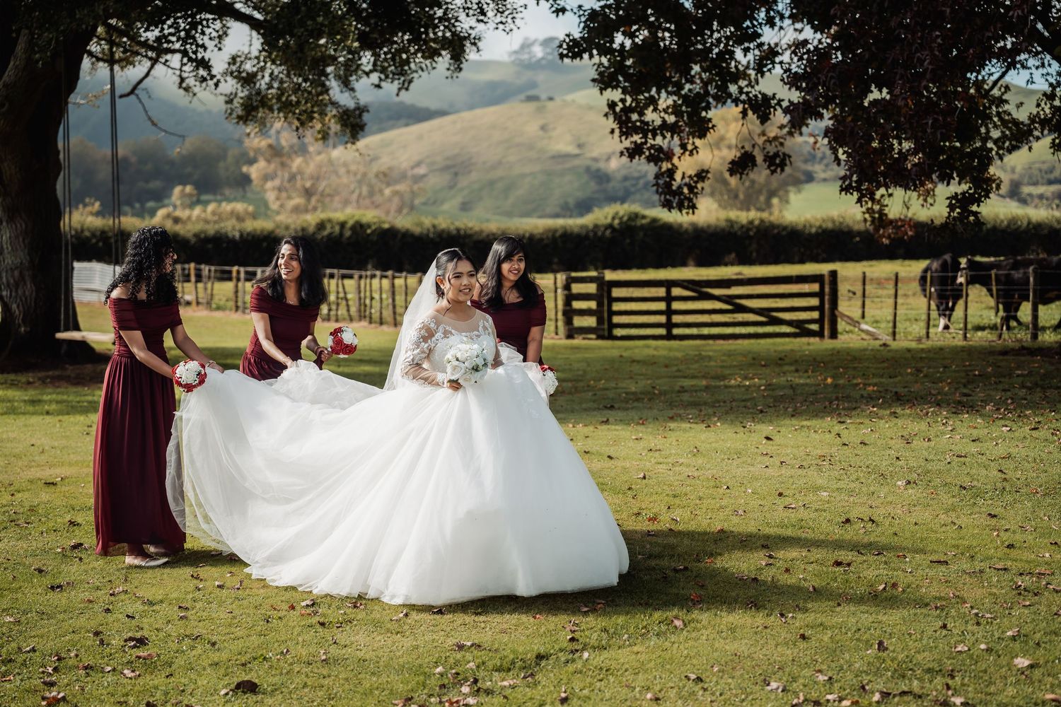 Bride in white ball gown with bridesmaids in burgundy dresses on green lawn with rolling hills backdrop.