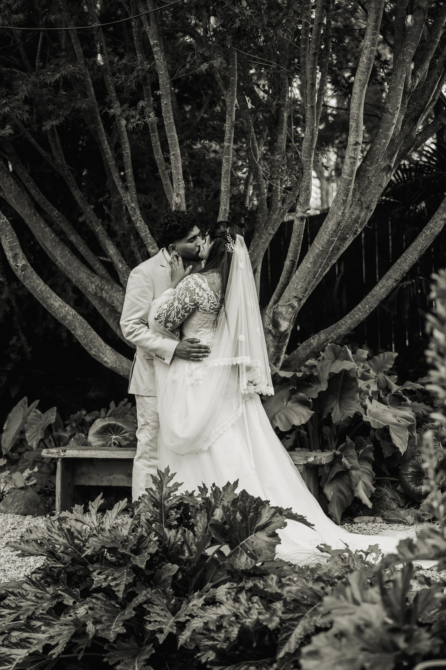 Bride and groom share a romantic kiss surrounded by tropical garden greenery in black and white photo.