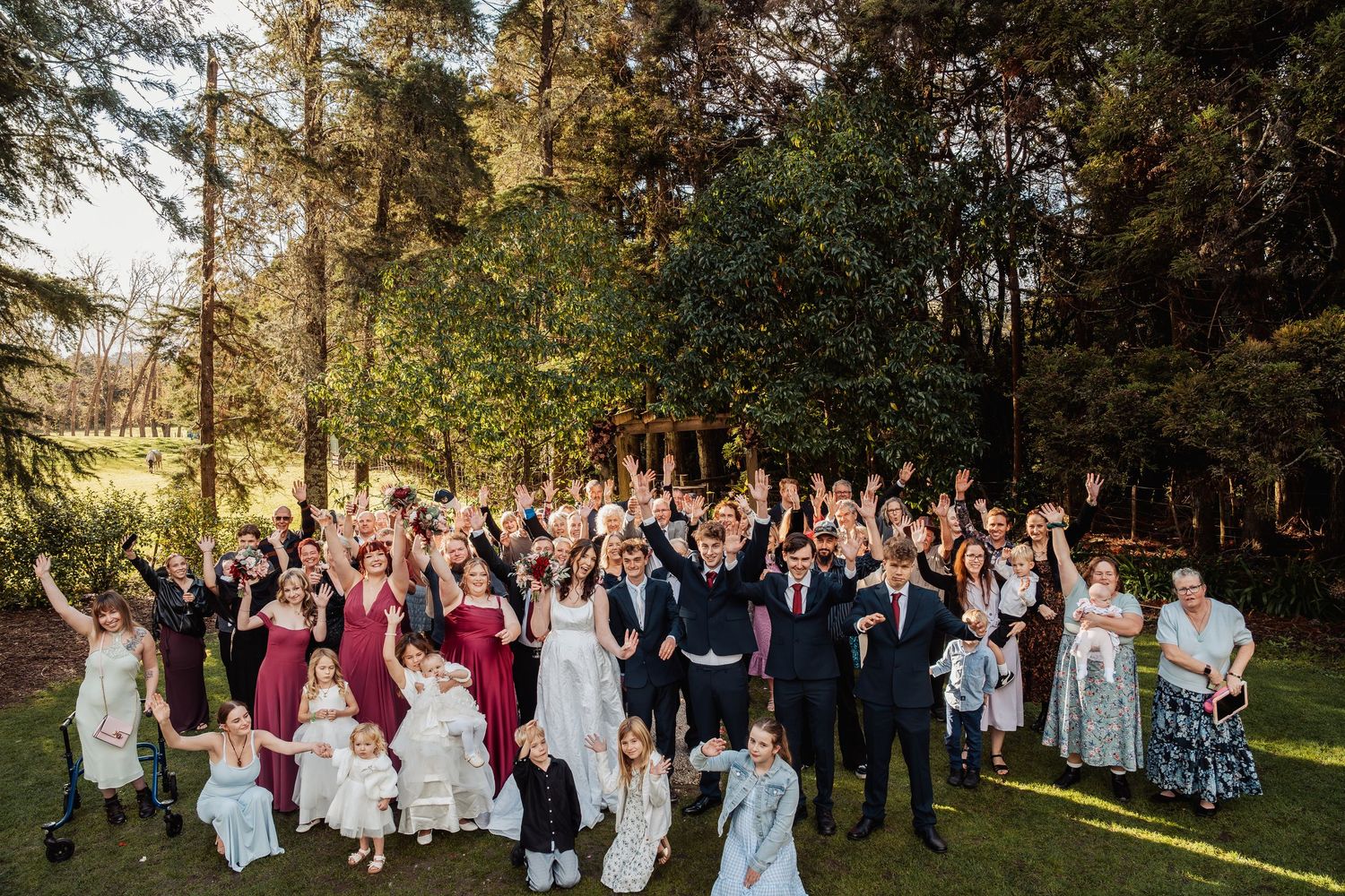 Large wedding group celebration photo outdoors with tall pine trees in background.