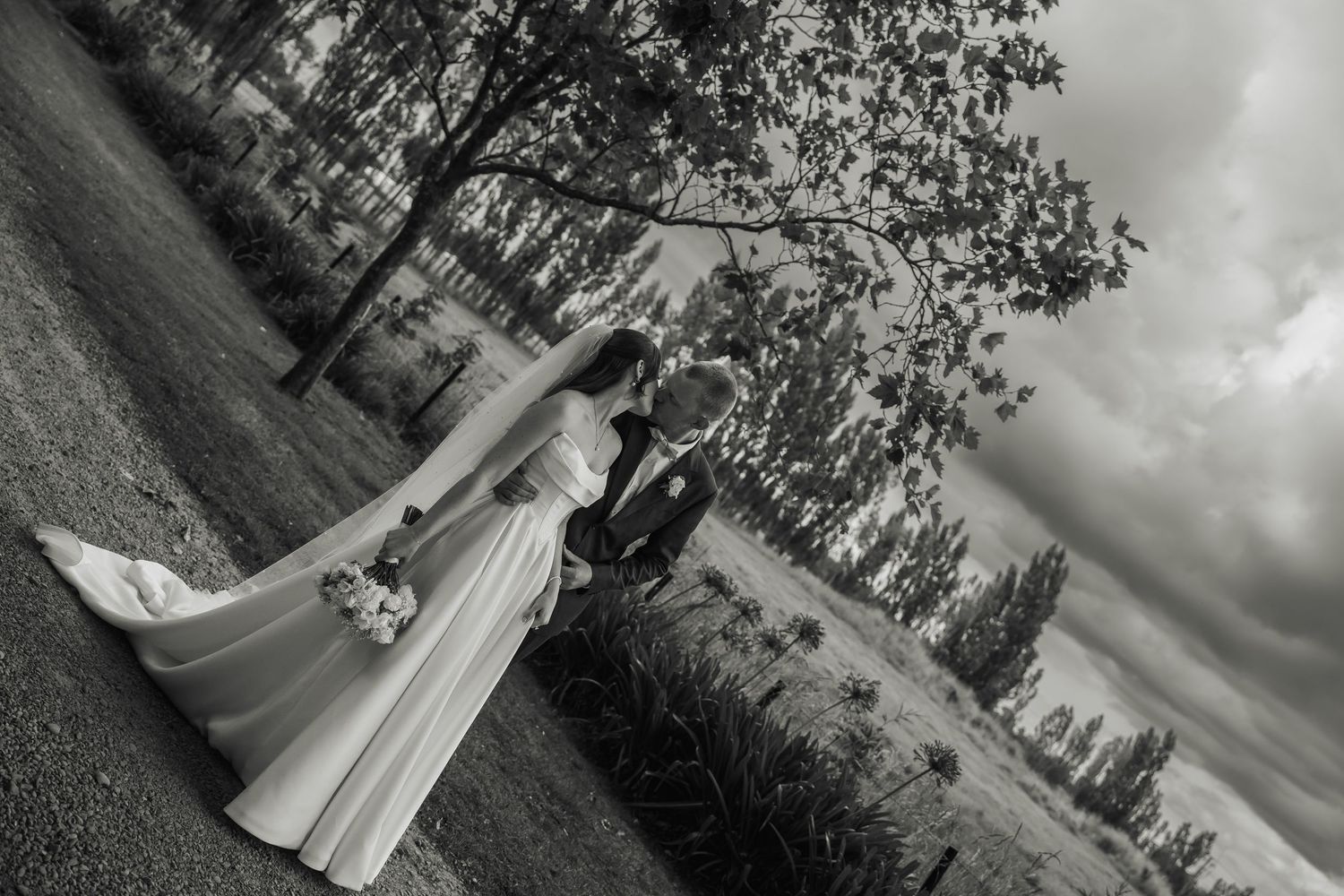 Black and white romantic photo of bride and groom kissing on a tree-lined path with dramatic cloudy sky.