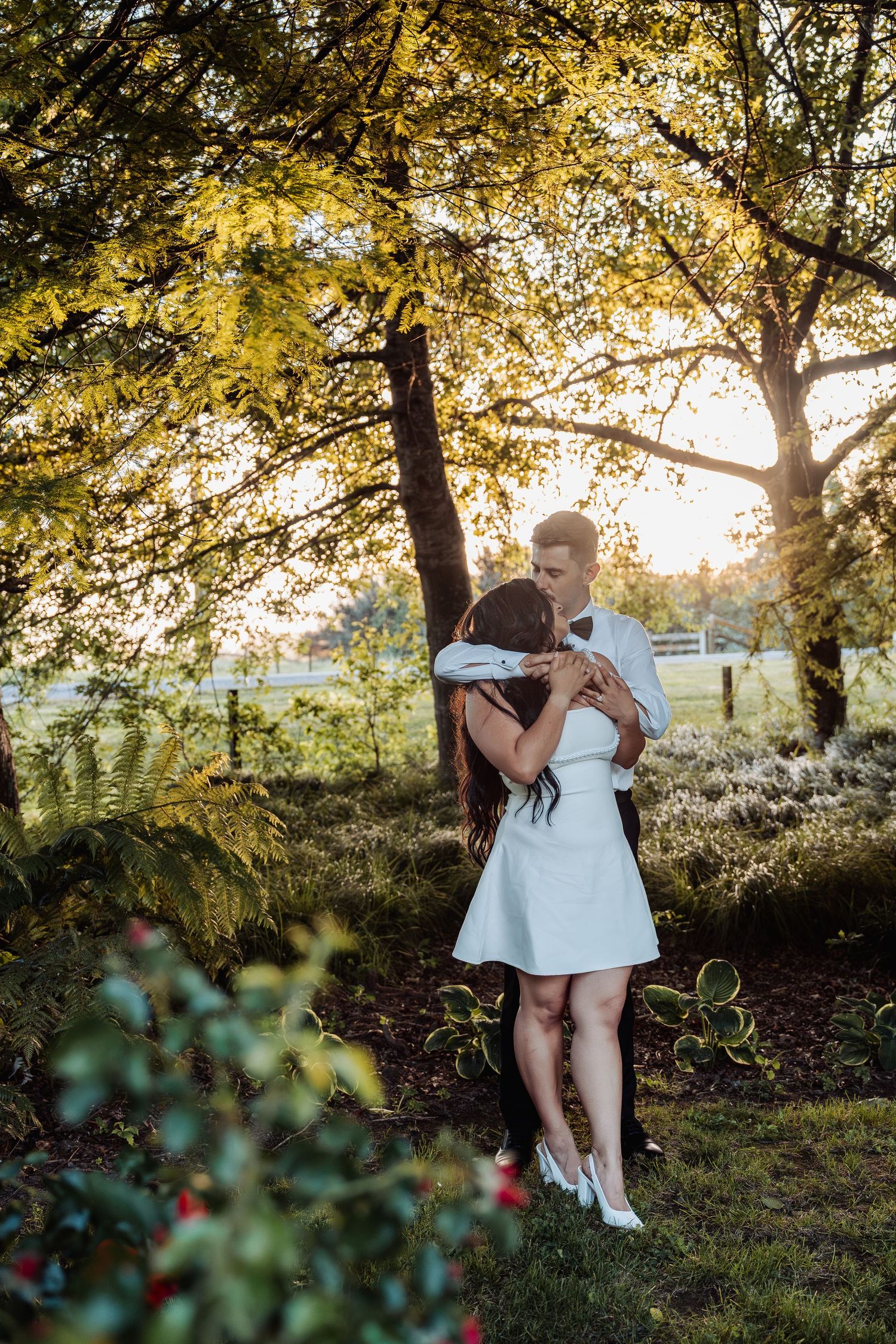 Couple embraces tenderly under golden sunlit tree during romantic outdoor wedding shoot.