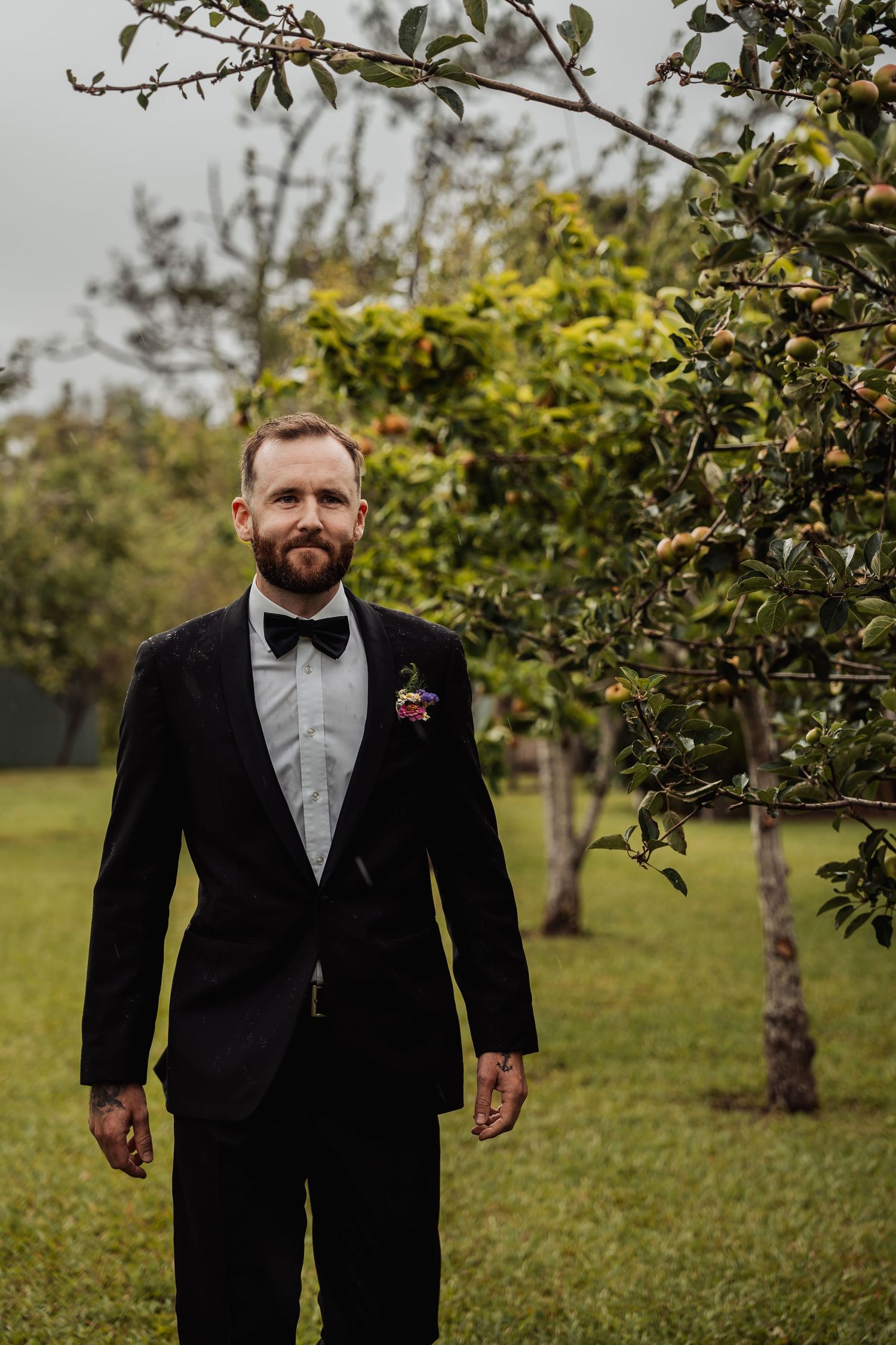 Handsome groom in black tuxedo with bow tie and boutonniere standing in lush orchard.