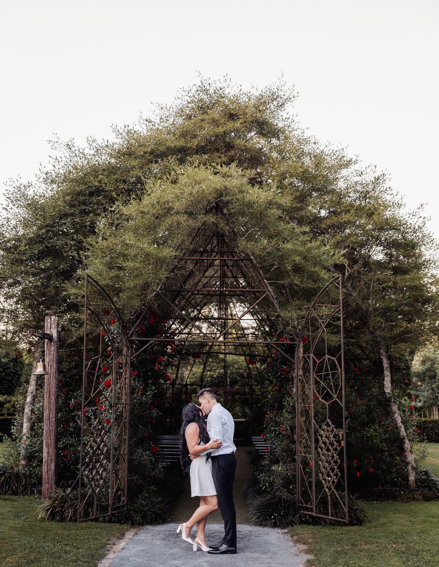 Couple shares romantic kiss under lush vine-covered iron archway in garden setting.
