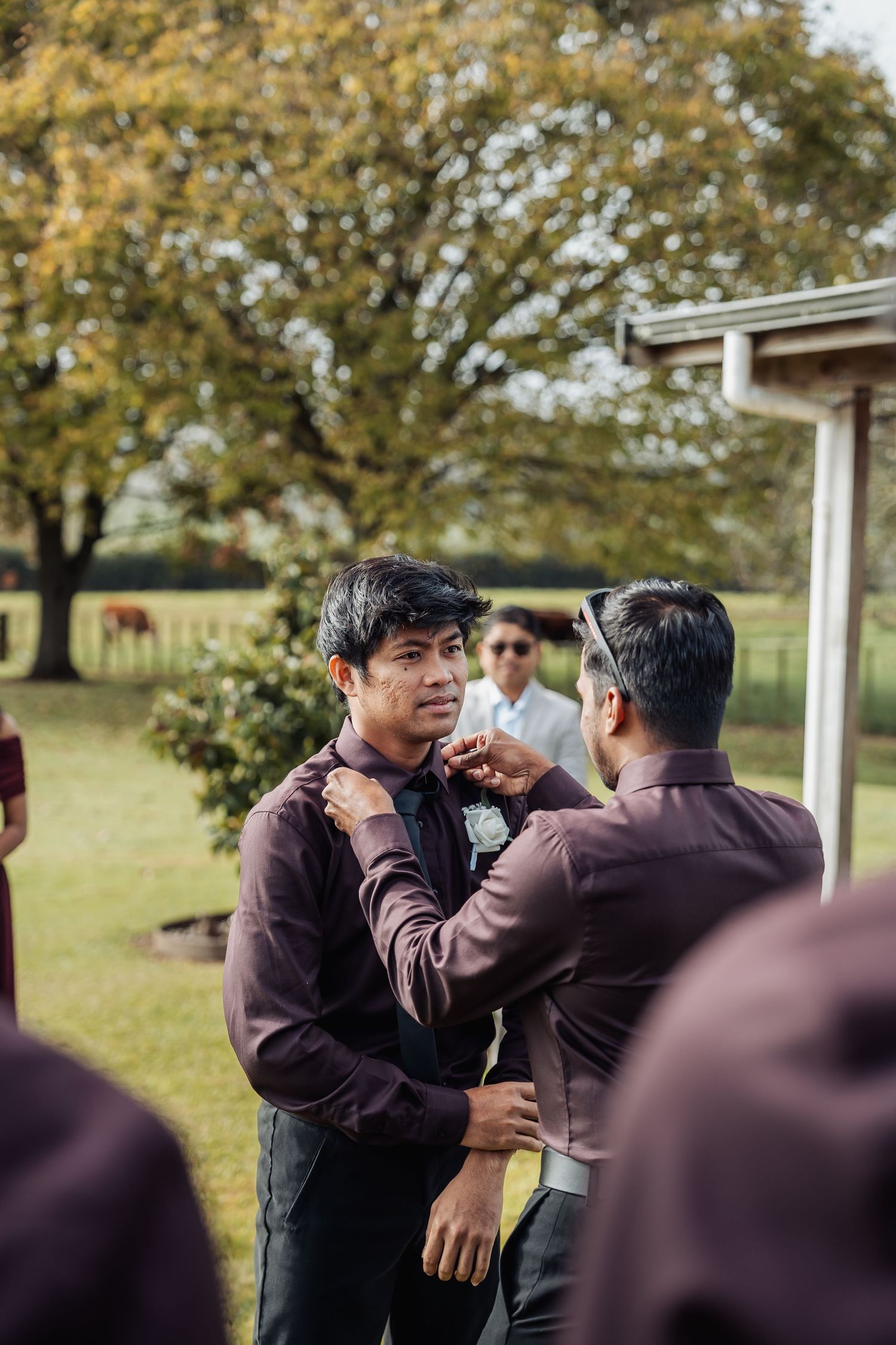 Groomsmen in burgundy shirts pinning boutonniere on groom outdoors before wedding ceremony.
