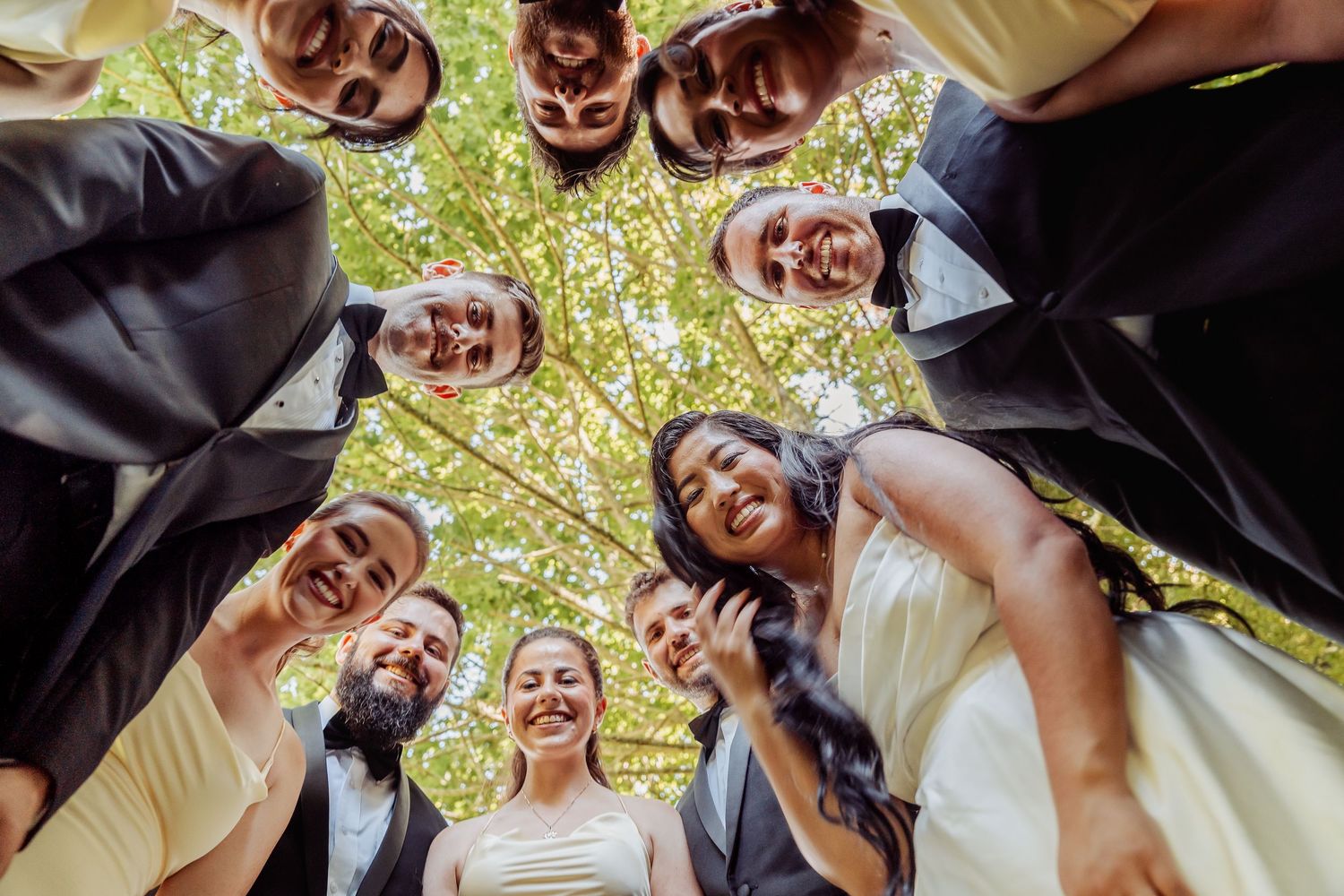 Wedding party huddle viewed from below, smiling group in formal attire surrounded by green trees.