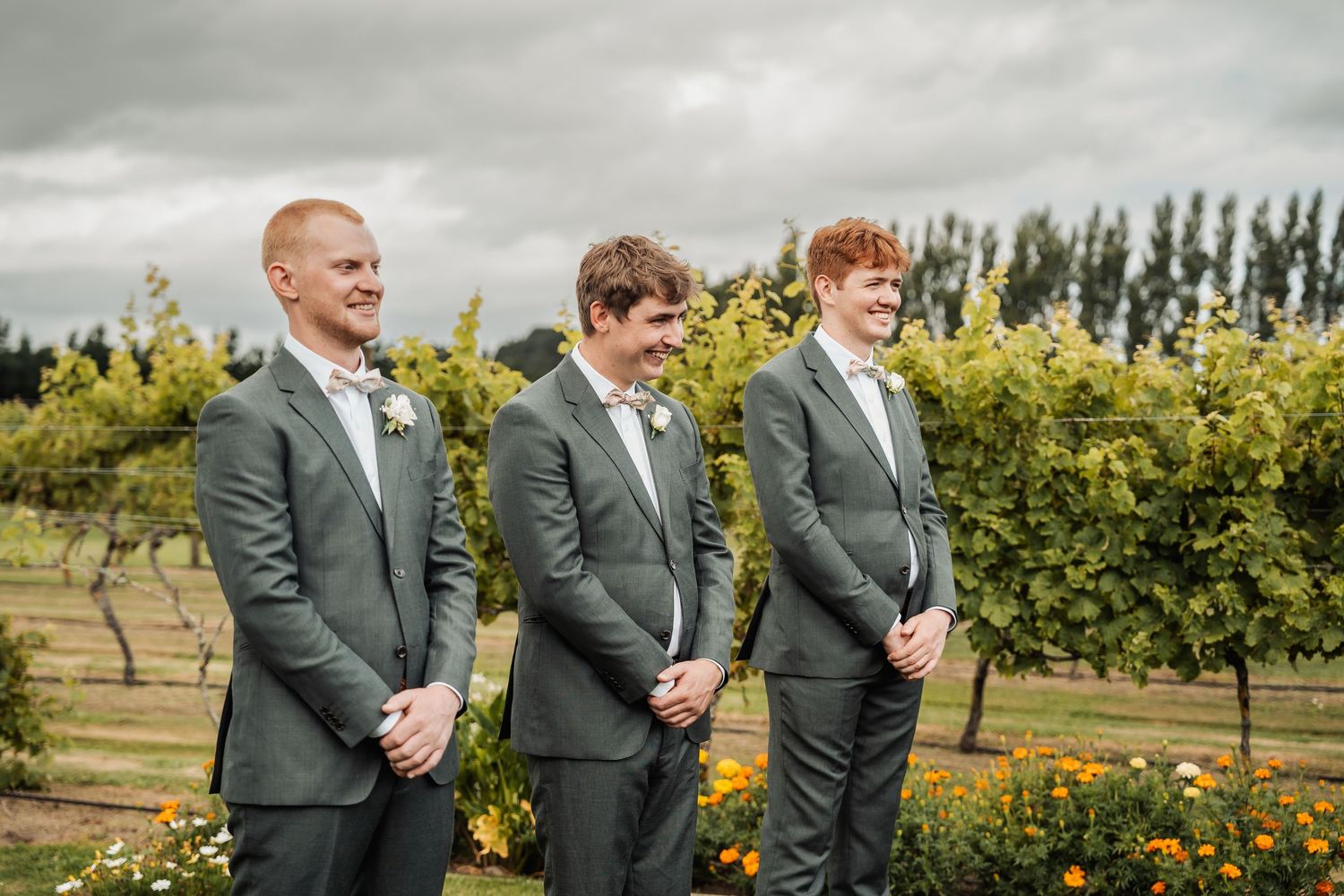 Three groomsmen in matching grey suits standing outdoors in vineyard setting under cloudy sky.