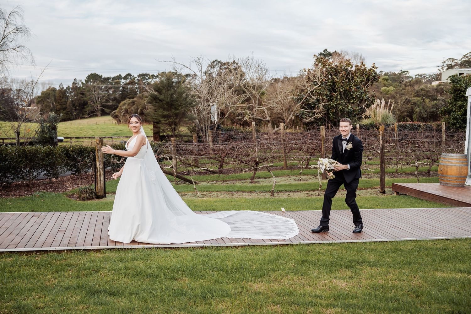 A series of romantic wedding photos showing a couple posing outdoors on a pathway in a garden setting.