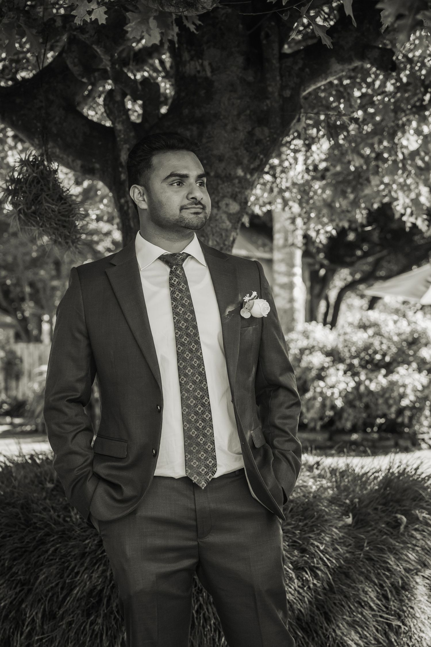 Black and white portrait of groom in suit with boutonniere standing under large garden tree.
