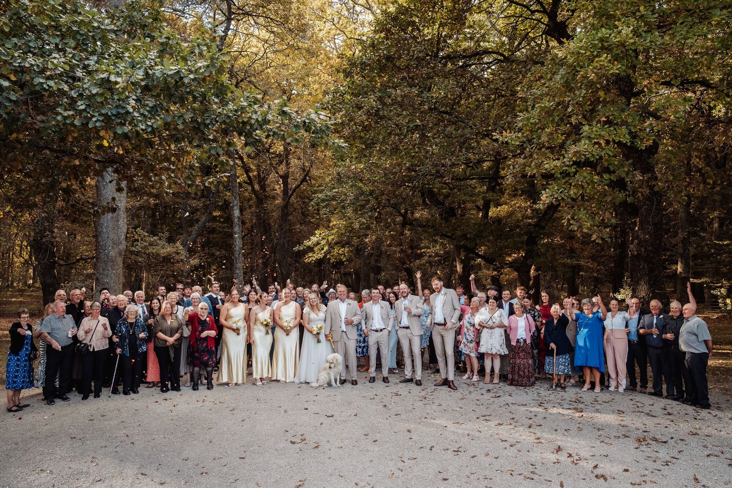 Large wedding group photo with all guests and wedding party gathered outdoors under autumn trees.