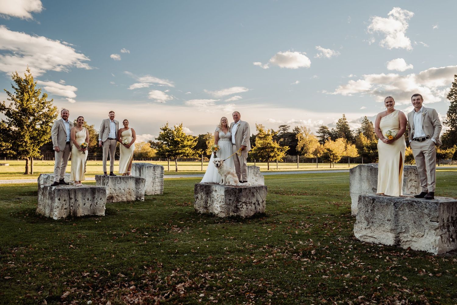 Wedding party posing on stone pedestals in open field under a dramatic cloudy sky.