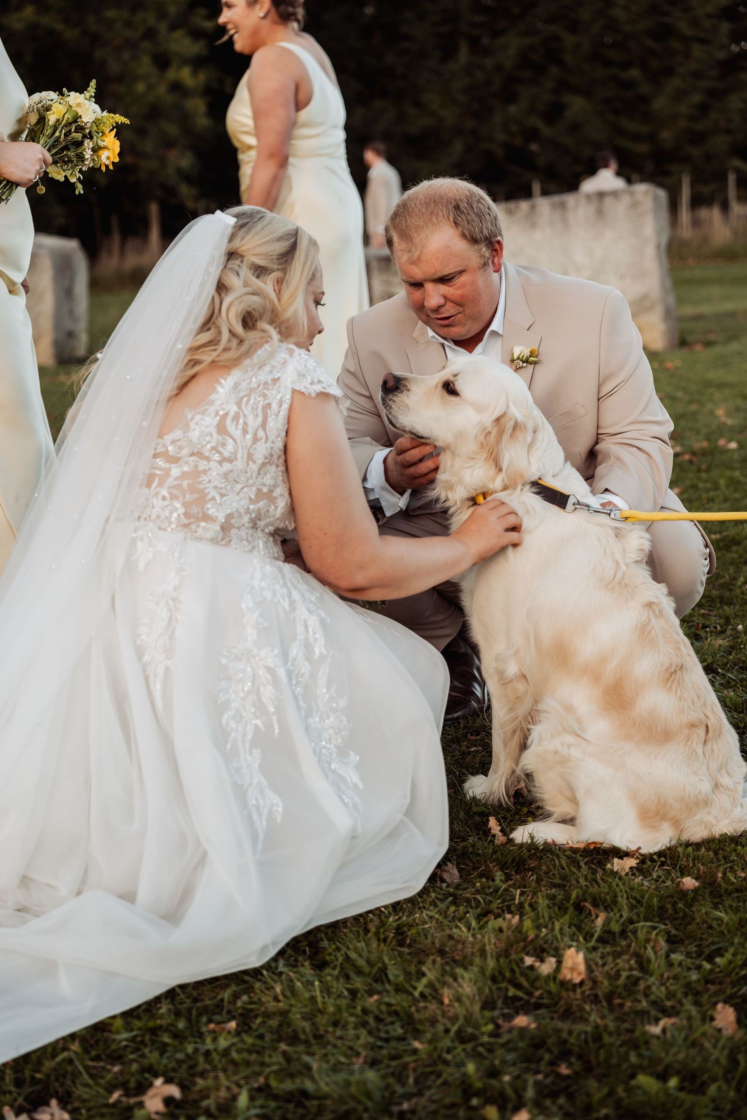Bride and groom kneel on grass to pet their golden retriever dog during wedding celebration.