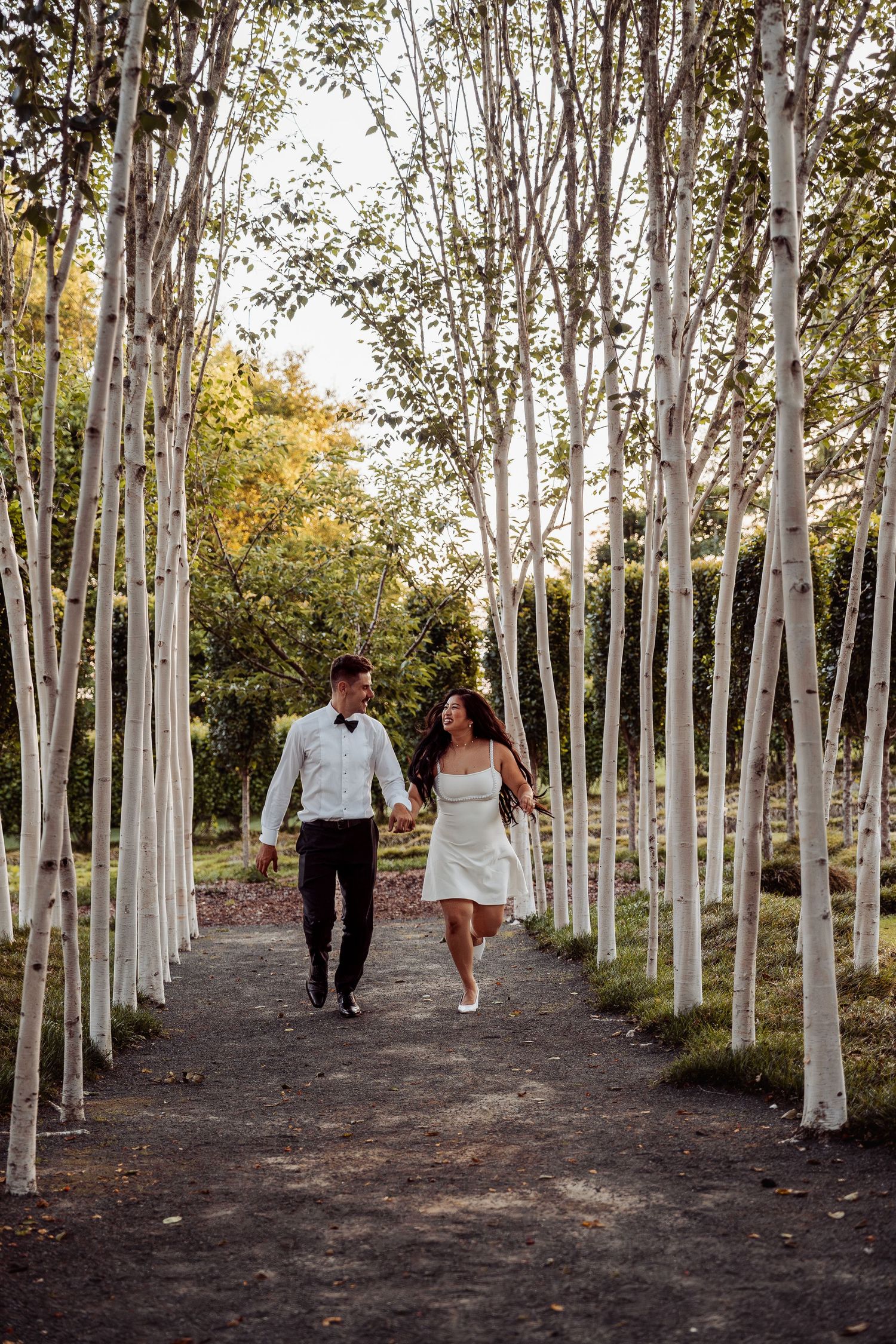 Bride and groom walk hand-in-hand along path lined with tall white birch trees.
