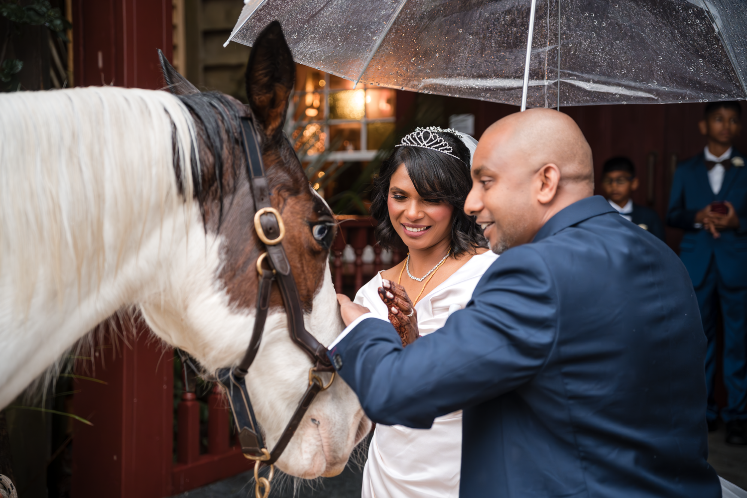 A couple shares a moment with a white horse under an umbrella near a barn.