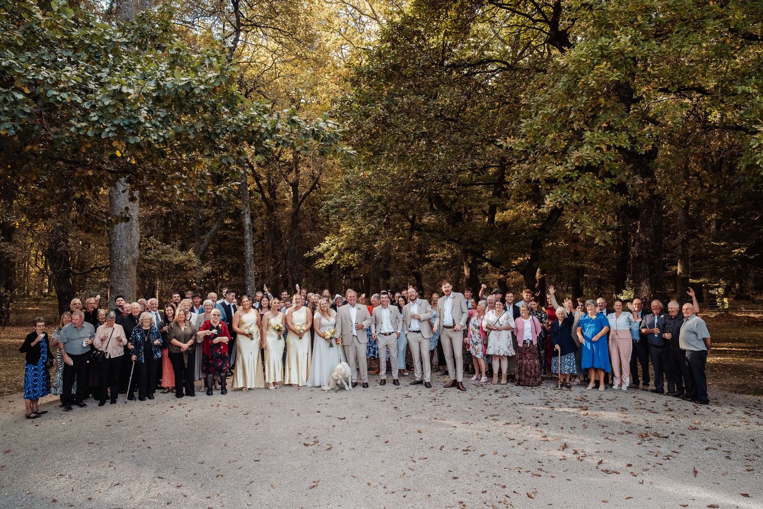 Large wedding party and guests pose together outdoors in a forest setting during an autumn celebration.